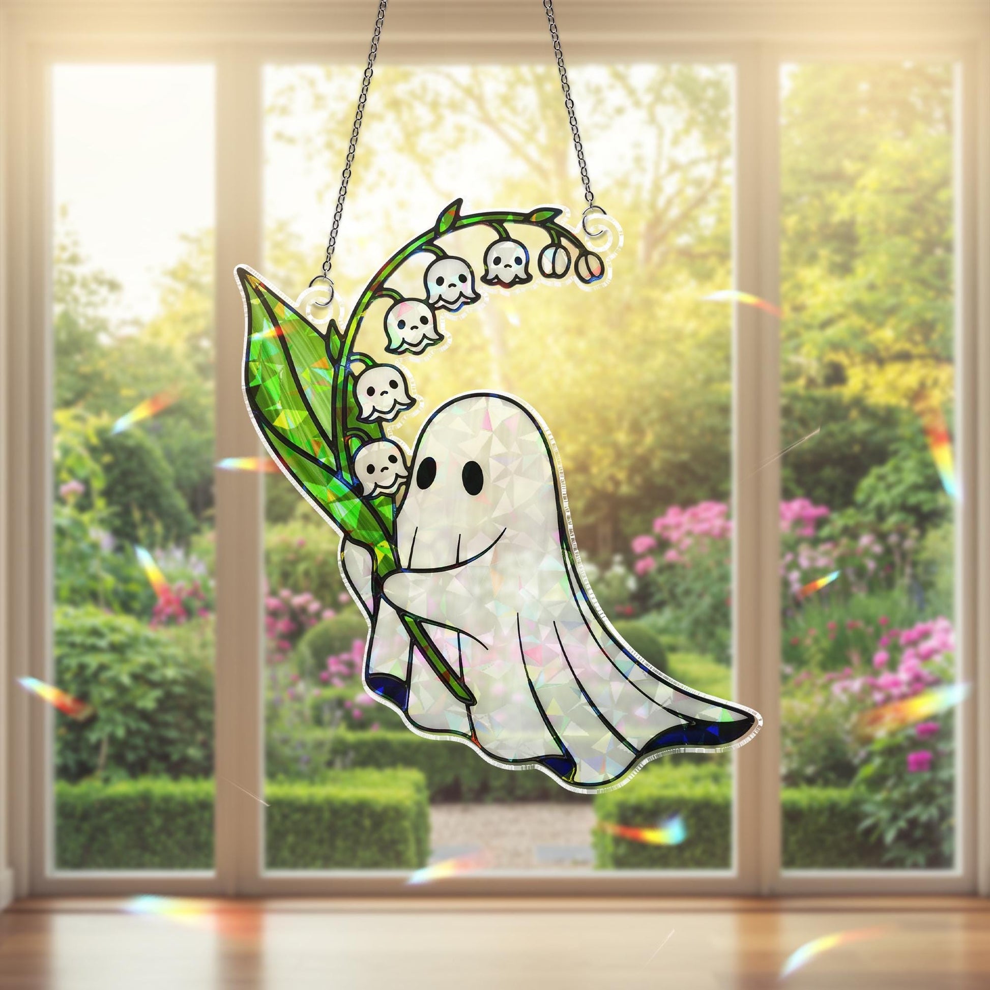 Holographic Ghost Suncatcher, Cute Spooky Window Decor, Acrylic Lily of the Valley Ghost Art, Halloween Rainbow Maker Gift