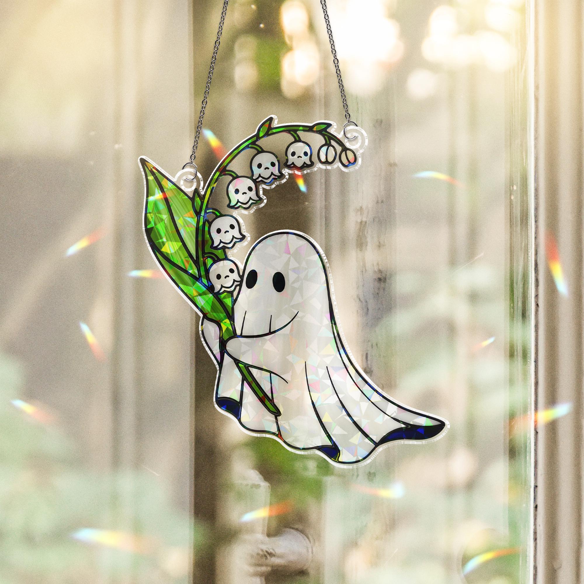 Holographic Ghost Suncatcher, Cute Spooky Window Decor, Acrylic Lily of the Valley Ghost Art, Halloween Rainbow Maker Gift