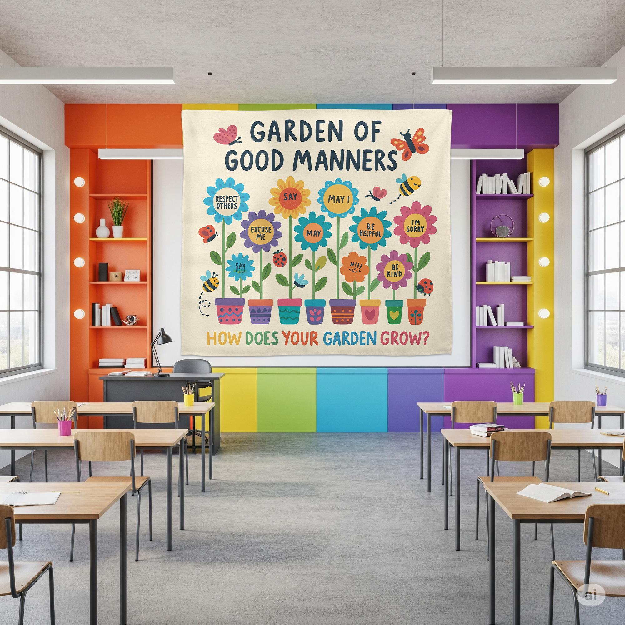 Garden of Good Manners Classroom Tapestry | Kindness, Respect Wall Decor | Behavior Chart Poster for Teachers & Kids, Back To School Decor