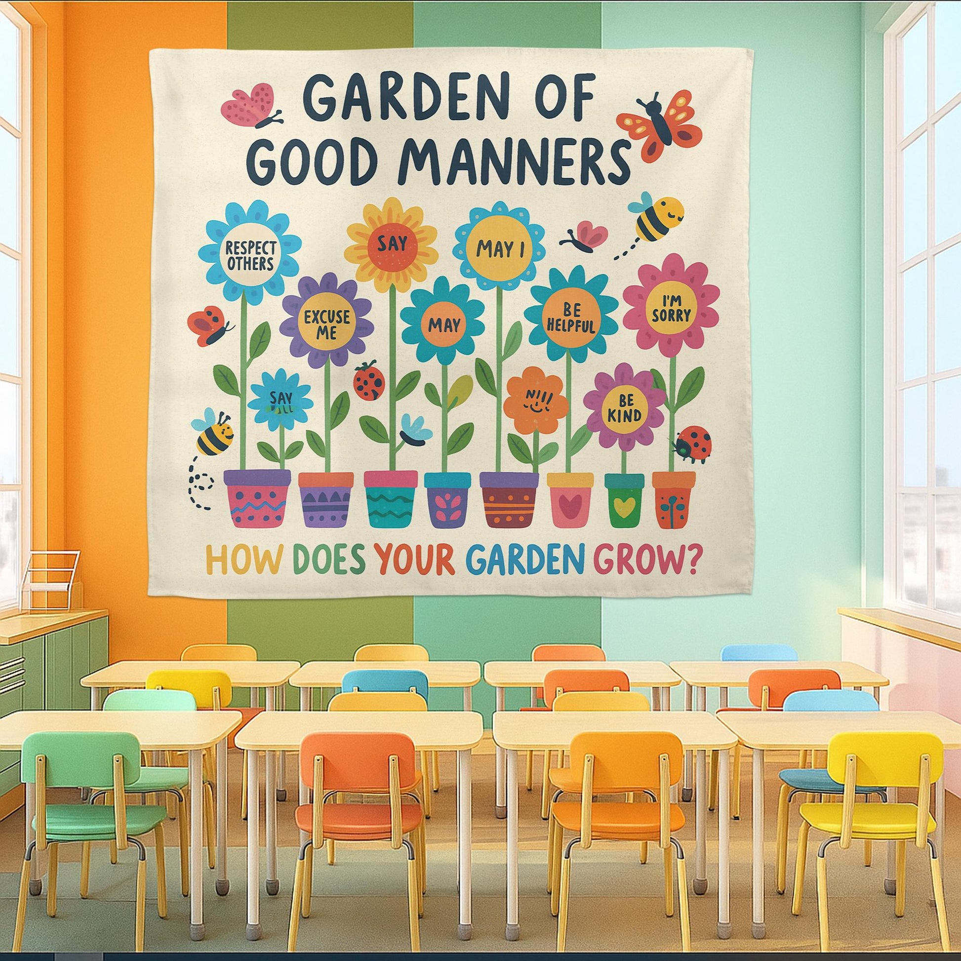 Garden of Good Manners Classroom Tapestry | Kindness, Respect Wall Decor | Behavior Chart Poster for Teachers & Kids, Back To School Decor