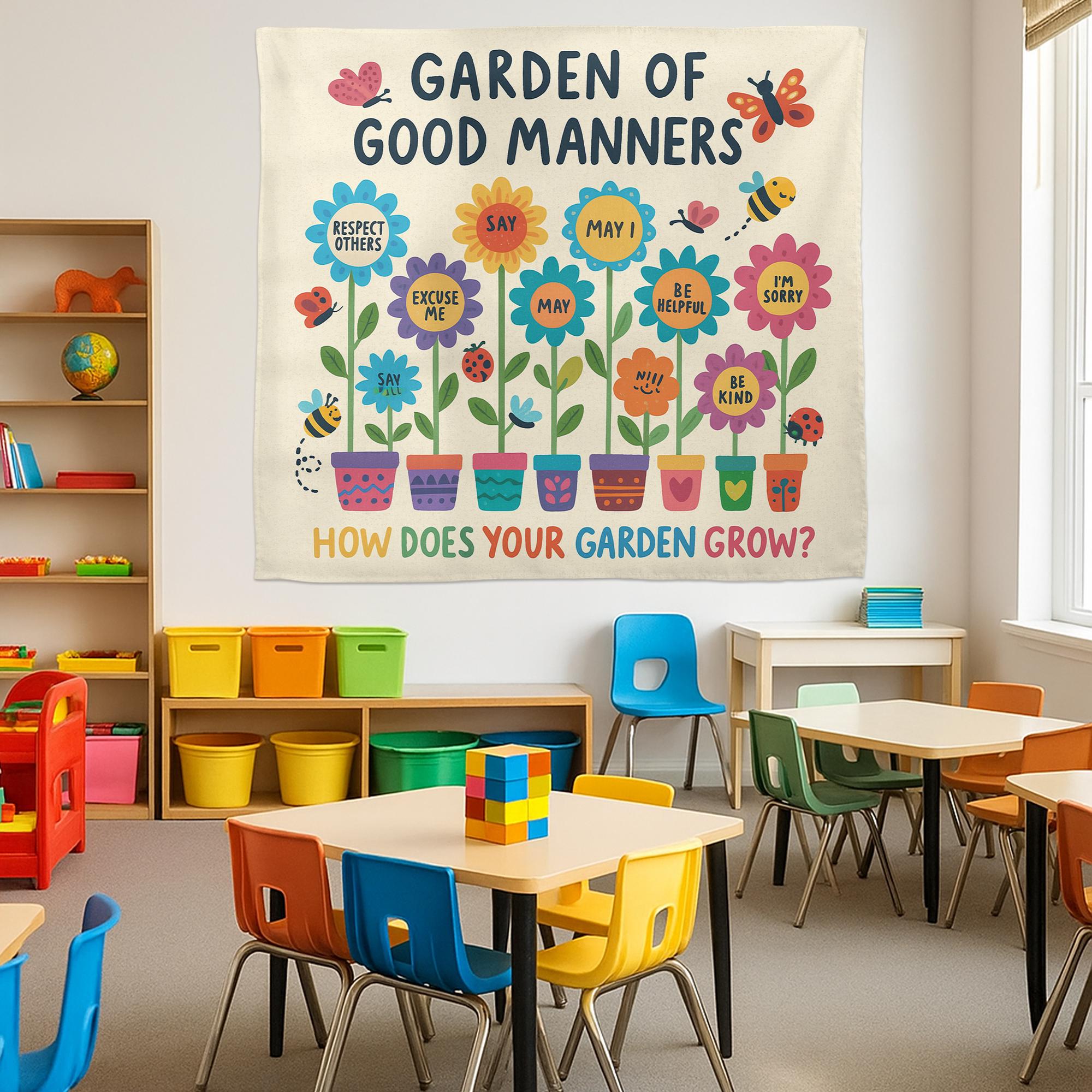 Garden of Good Manners Classroom Tapestry | Kindness, Respect Wall Decor | Behavior Chart Poster for Teachers & Kids, Back To School Decor