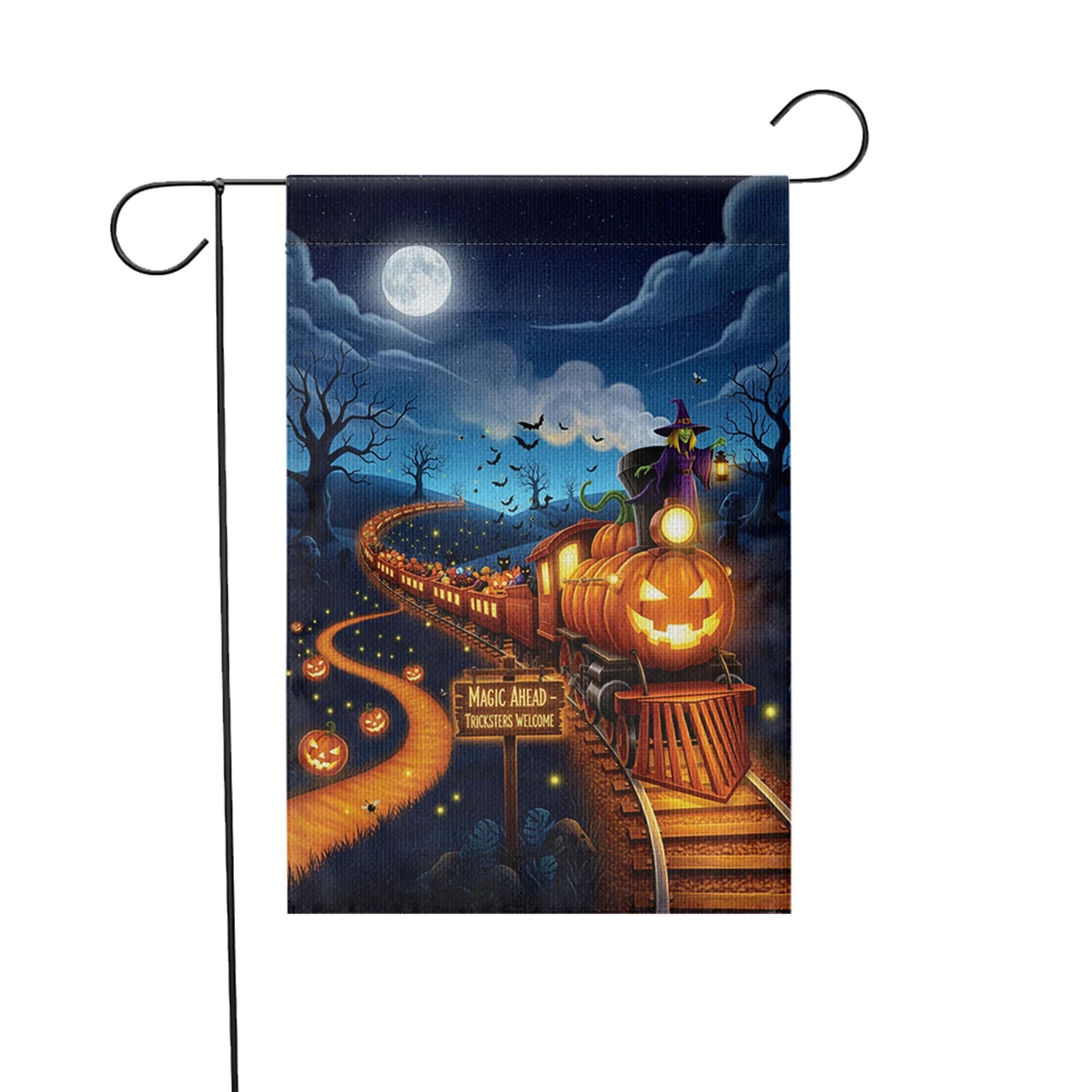 Halloween Pumpkin Train Garden Flag, Spooky Witch Yard Decor, Magic Ahead Tricksters Welcome Outdoor Fall Flag