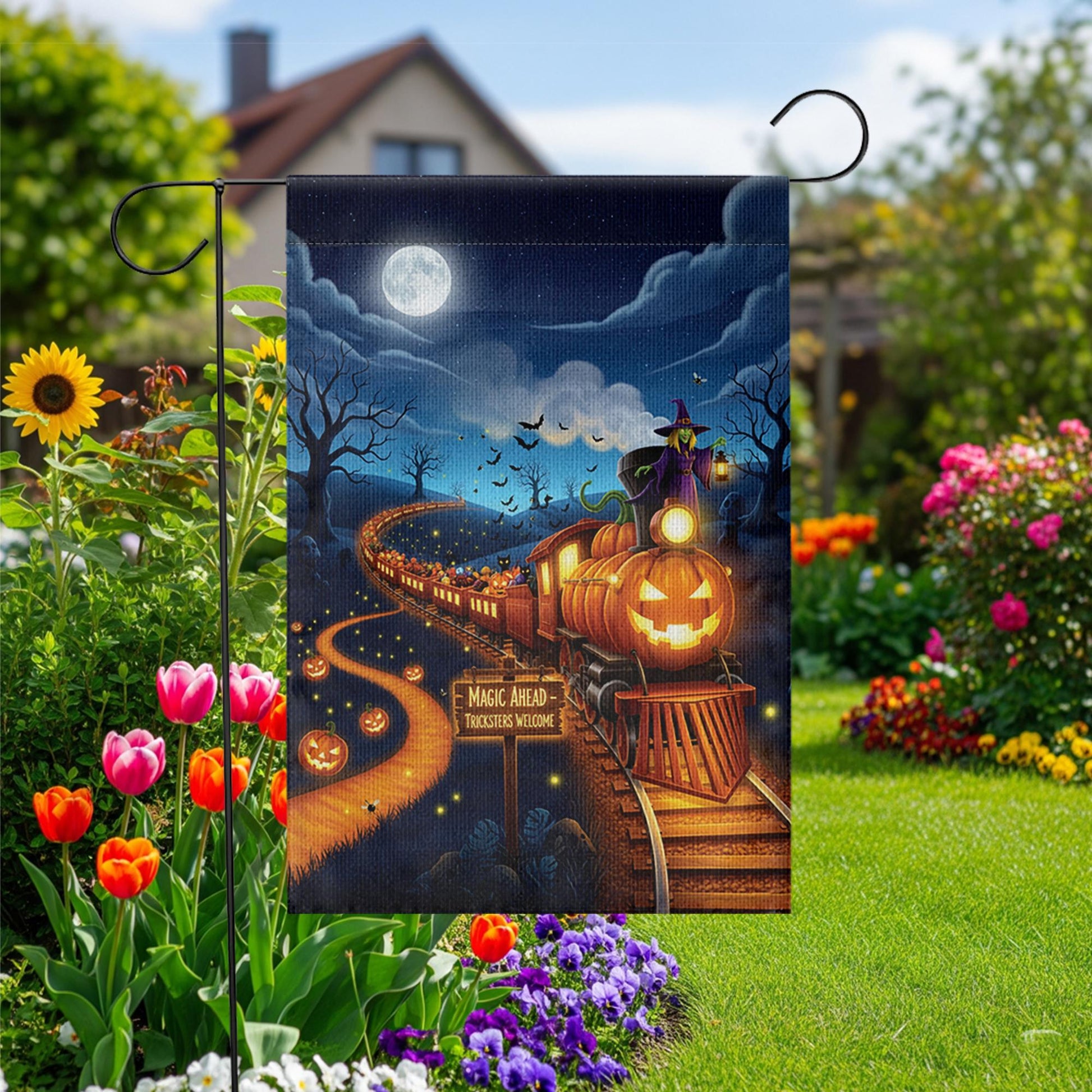 Halloween Pumpkin Train Garden Flag, Spooky Witch Yard Decor, Magic Ahead Tricksters Welcome Outdoor Fall Flag