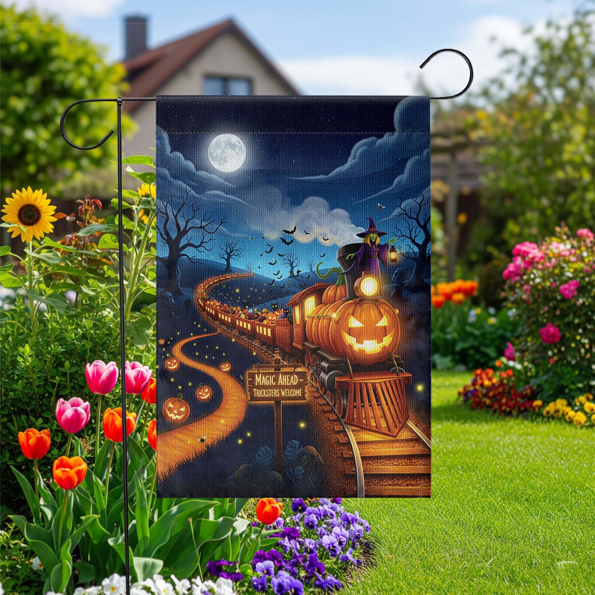Halloween Pumpkin Train Garden Flag, Spooky Witch Yard Decor, Magic Ahead Tricksters Welcome Outdoor Fall Flag