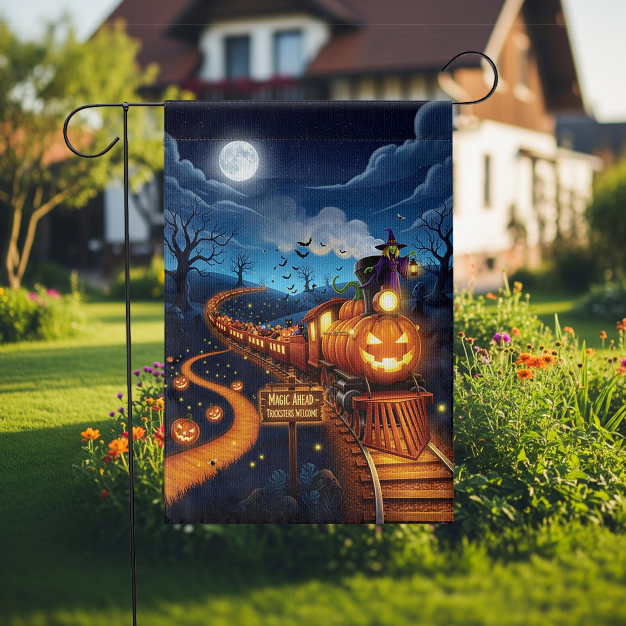 Halloween Pumpkin Train Garden Flag, Spooky Witch Yard Decor, Magic Ahead Tricksters Welcome Outdoor Fall Flag