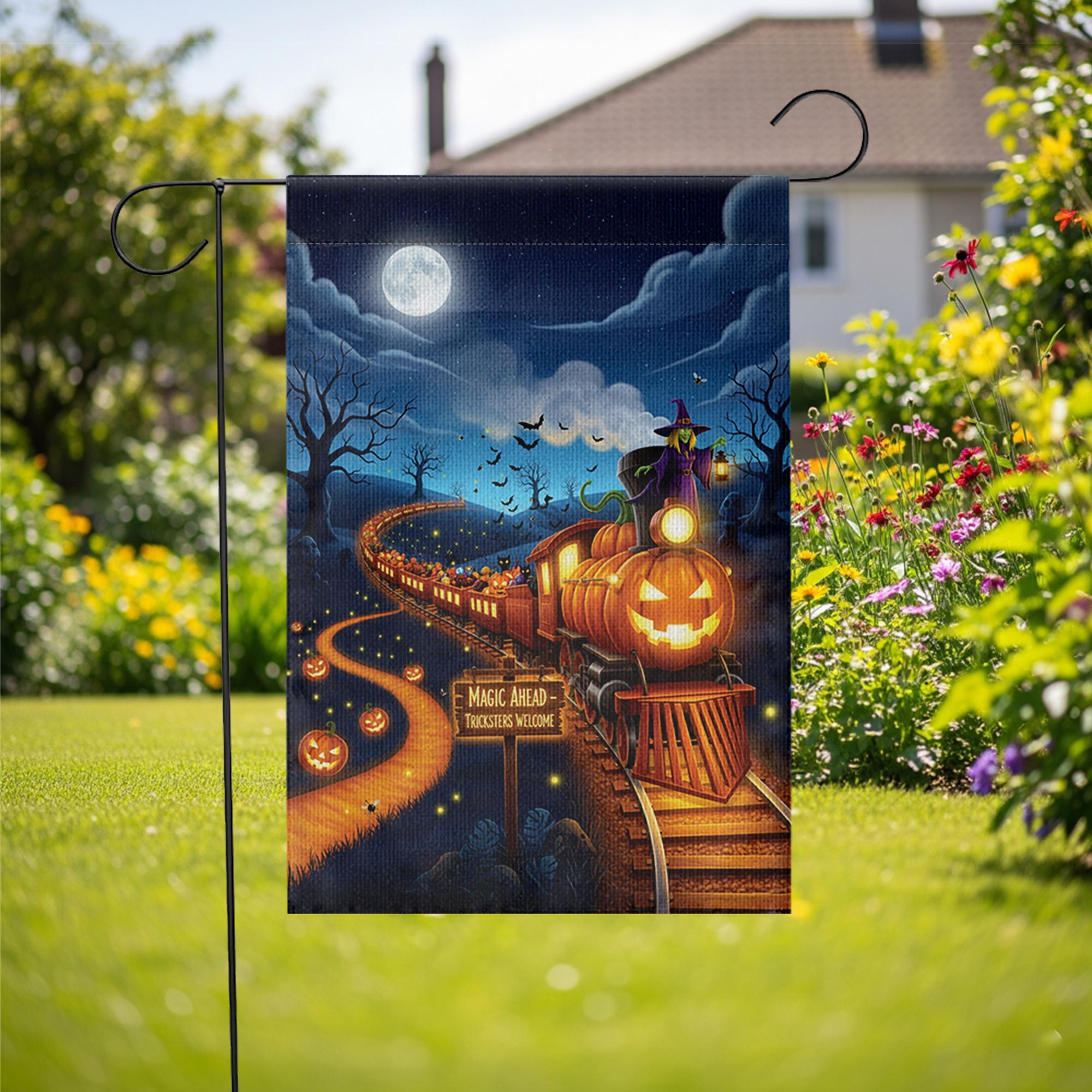 Halloween Pumpkin Train Garden Flag, Spooky Witch Yard Decor, Magic Ahead Tricksters Welcome Outdoor Fall Flag