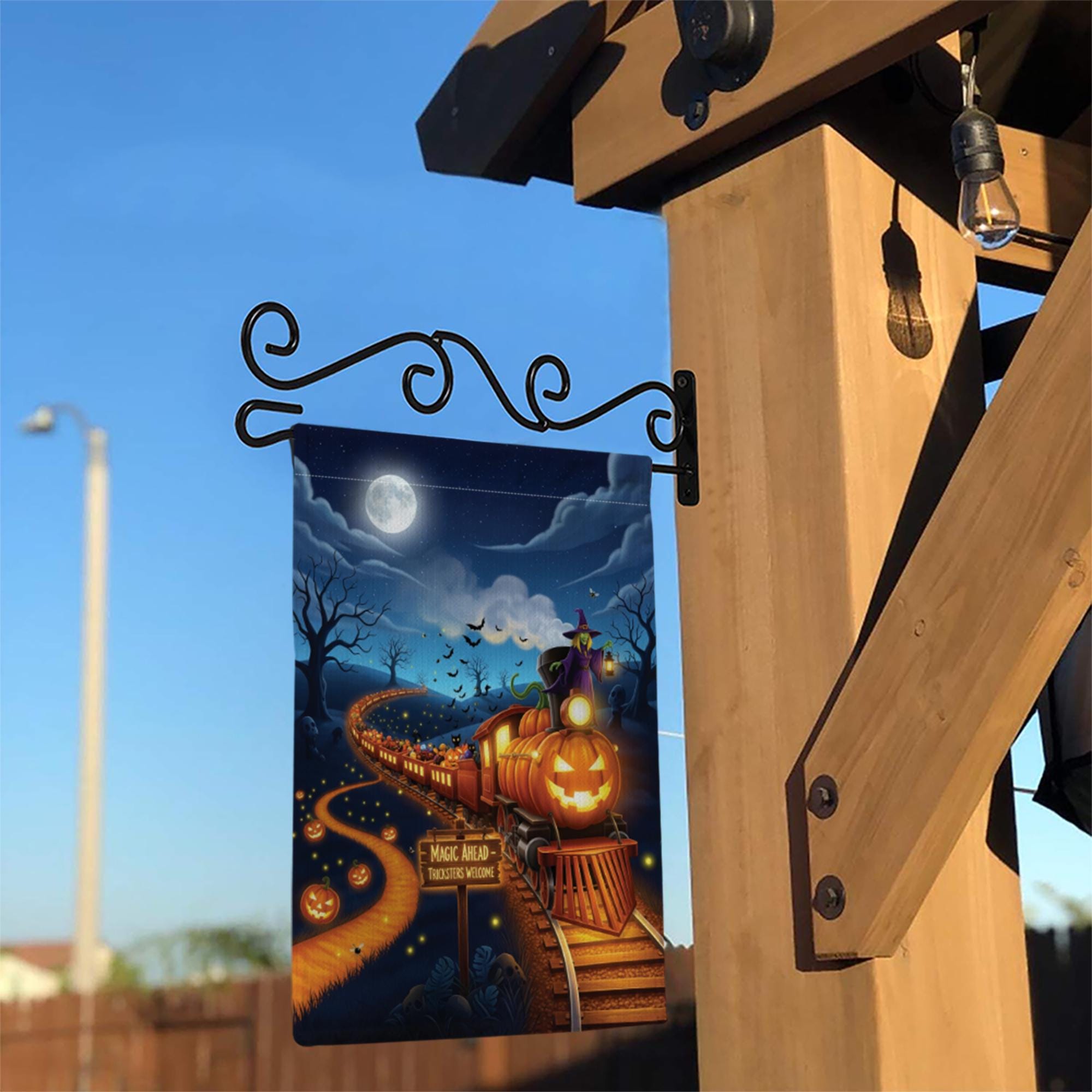 Halloween Pumpkin Train Garden Flag, Spooky Witch Yard Decor, Magic Ahead Tricksters Welcome Outdoor Fall Flag