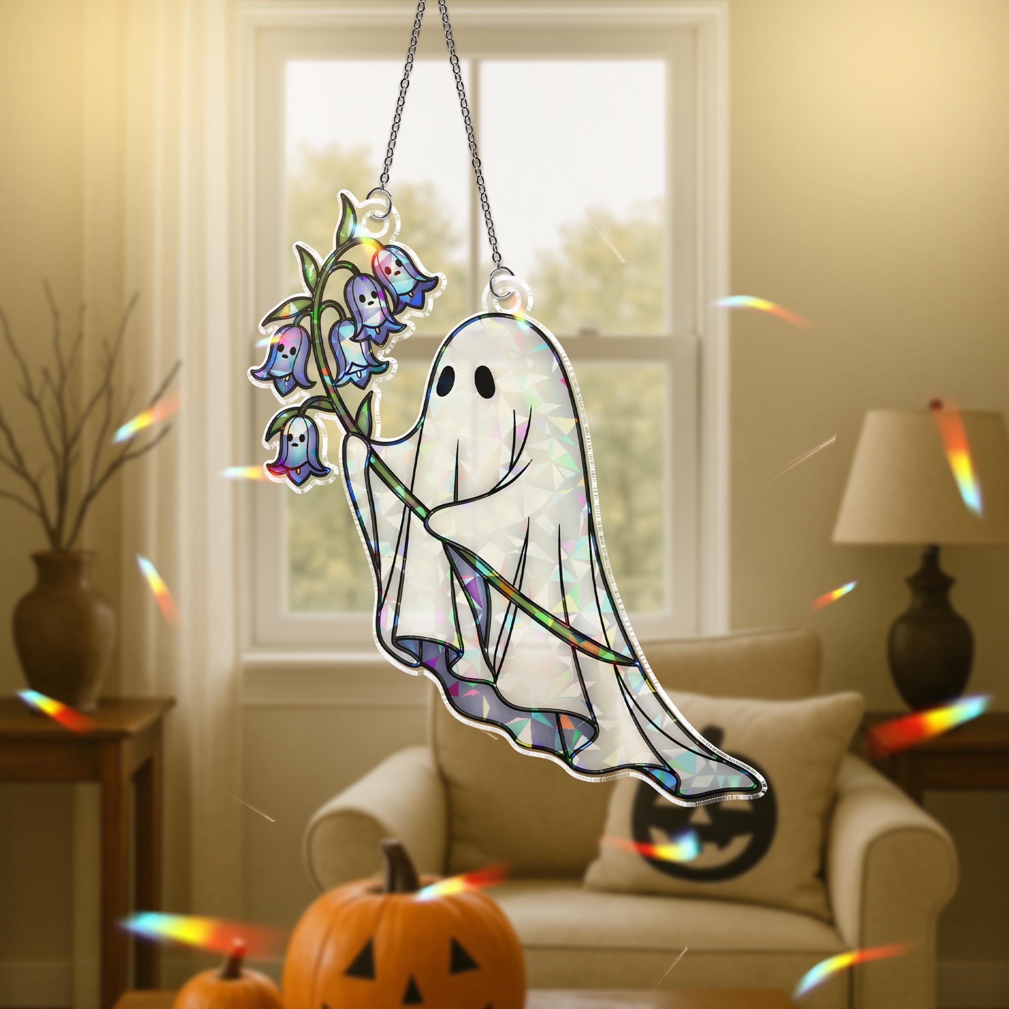 Holographic Ghost Suncatcher with Bluebells, Cute Acrylic Window Decor, Kawaii Spooky suncatcher, Pastel Goth Ghost Gift