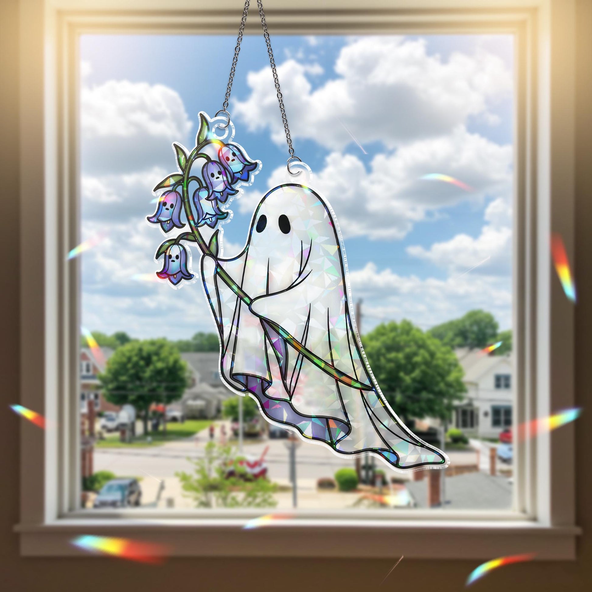 Holographic Ghost Suncatcher with Bluebells, Cute Acrylic Window Decor, Kawaii Spooky suncatcher, Pastel Goth Ghost Gift