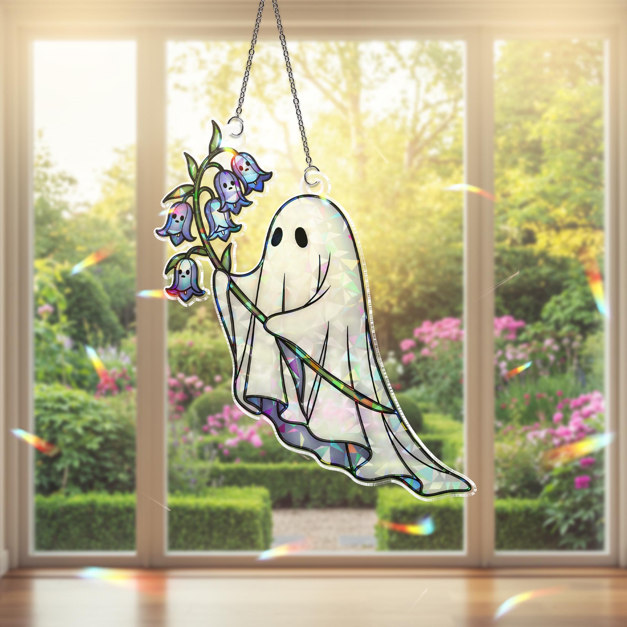 Holographic Ghost Suncatcher with Bluebells, Cute Acrylic Window Decor, Kawaii Spooky suncatcher, Pastel Goth Ghost Gift