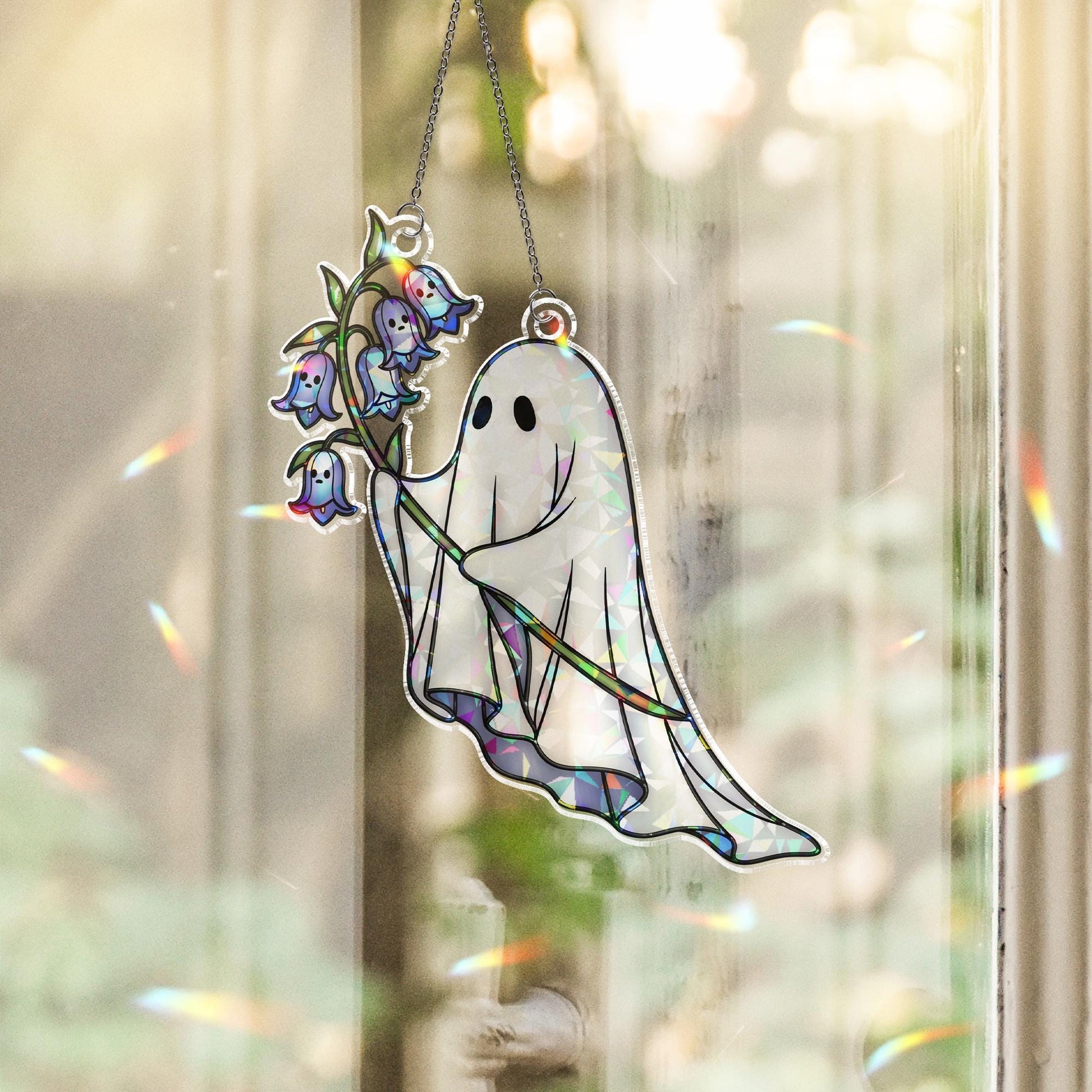 Holographic Ghost Suncatcher with Bluebells, Cute Acrylic Window Decor, Kawaii Spooky suncatcher, Pastel Goth Ghost Gift