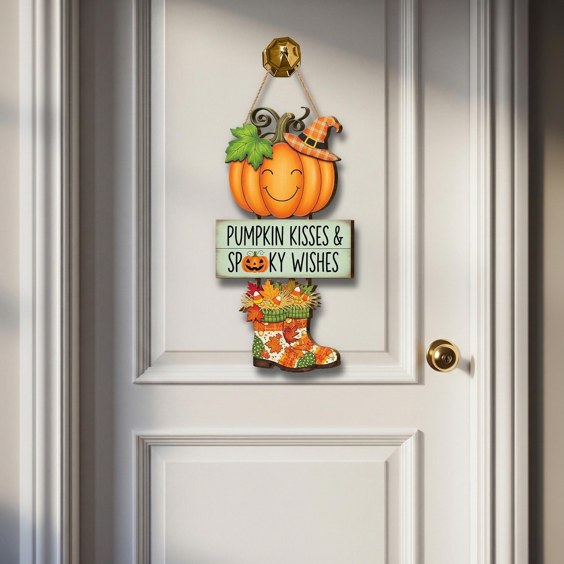 Pumpkin Kisses Spooky Wishes Door Sign, Cute Halloween Hanging Decor, Fall Wooden Sign for Front Door or Entryway