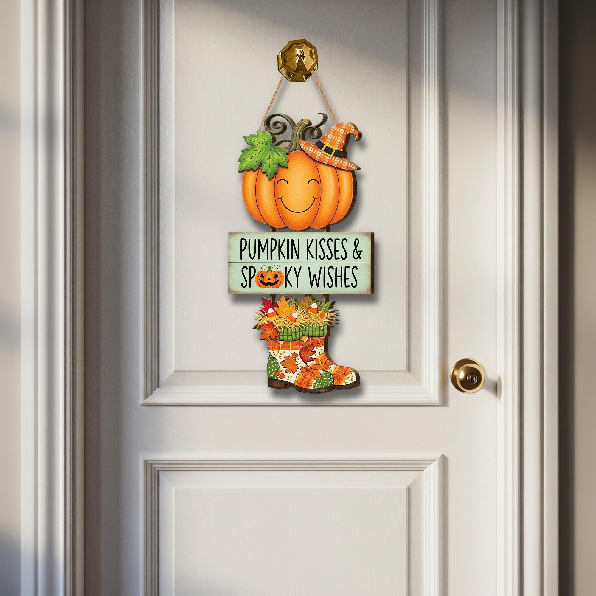 Pumpkin Kisses Spooky Wishes Door Sign, Cute Halloween Hanging Decor, Fall Wooden Sign for Front Door or Entryway