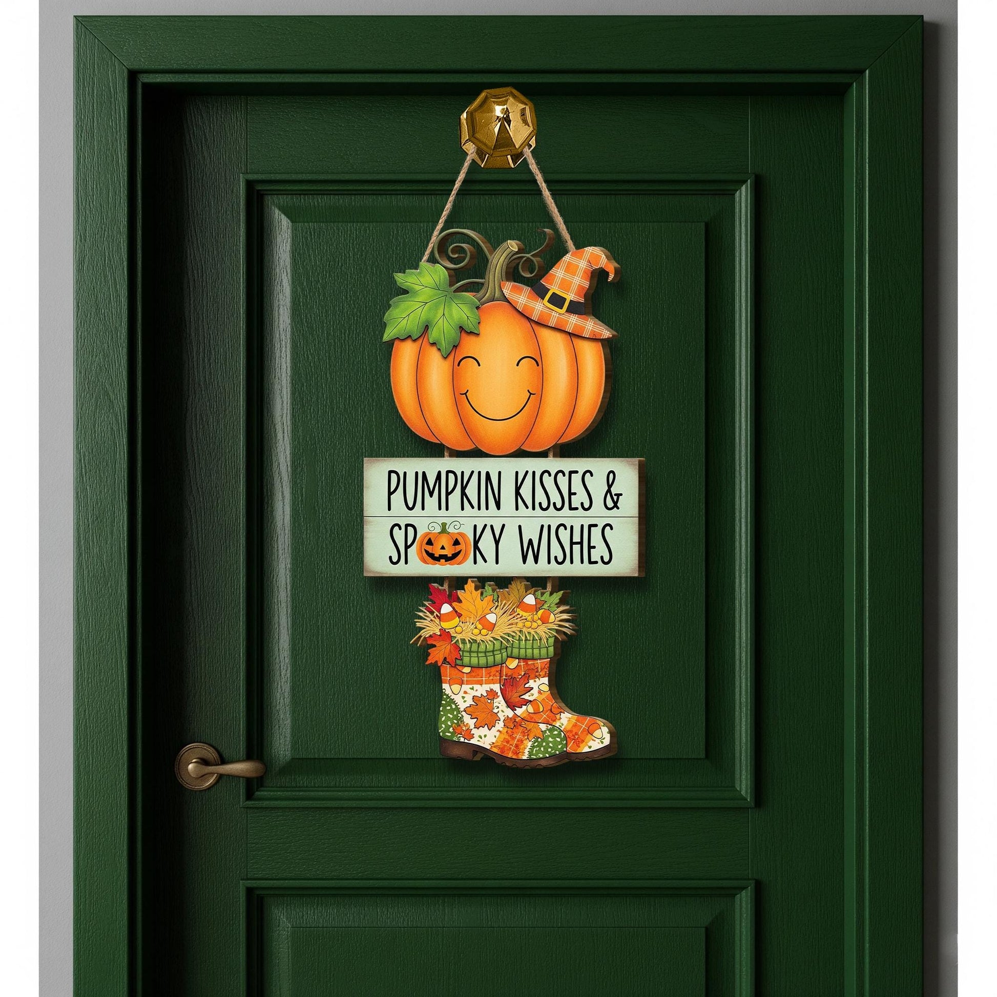 Pumpkin Kisses Spooky Wishes Door Sign, Cute Halloween Hanging Decor, Fall Wooden Sign for Front Door or Entryway