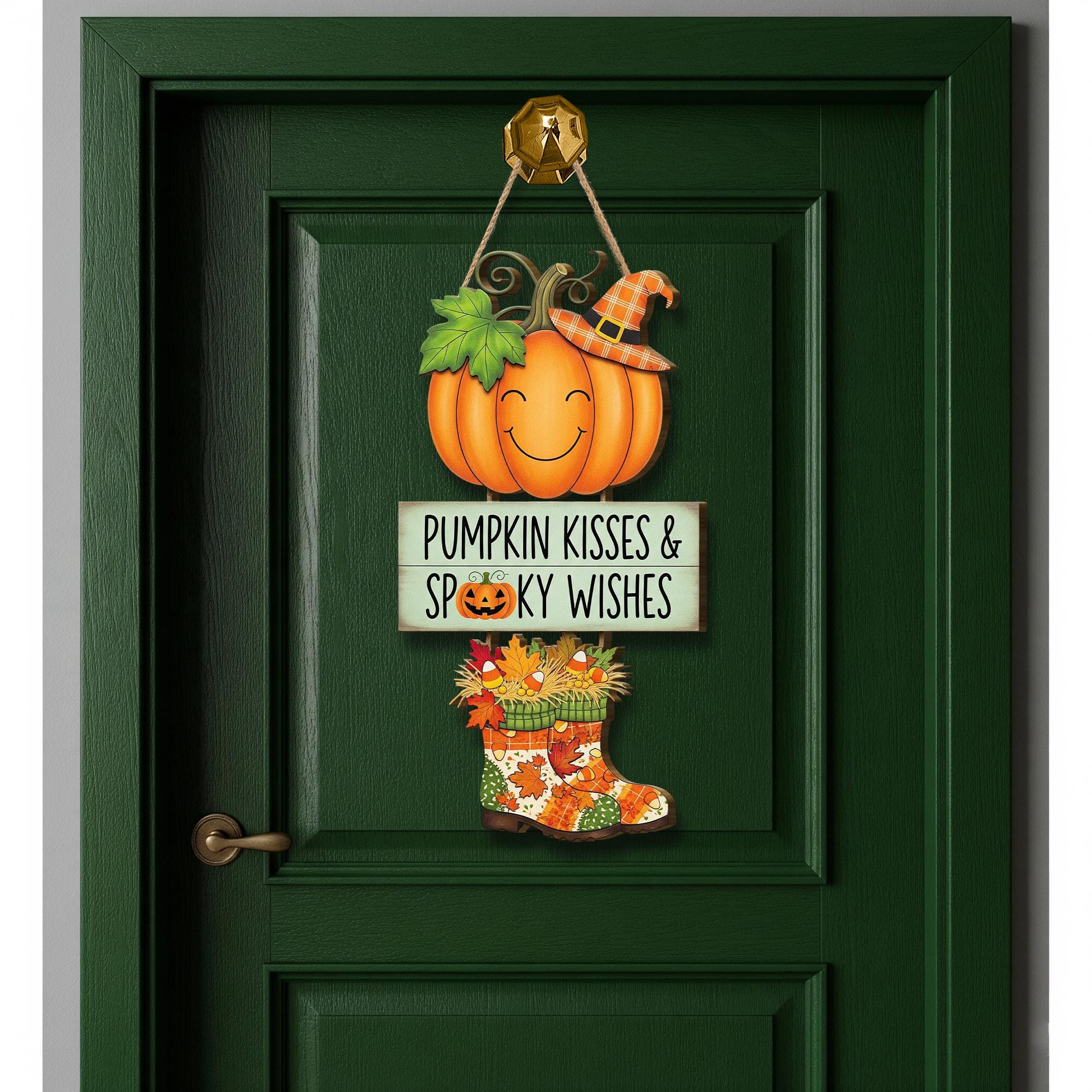 Pumpkin Kisses Spooky Wishes Door Sign, Cute Halloween Hanging Decor, Fall Wooden Sign for Front Door or Entryway