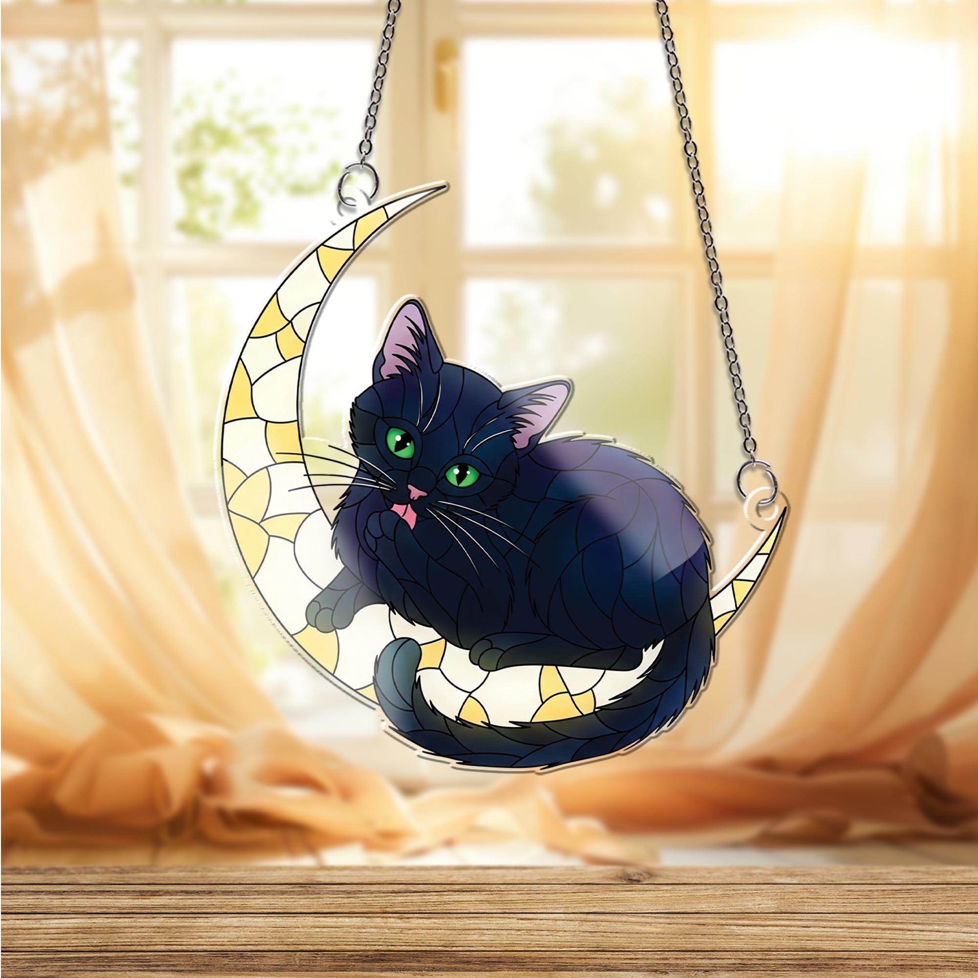 Black Cat Crescent Moon Window Hanging, Faux Glass Suncatcher, Cat Lover Gift, Halloween Cat Decor, Boho Home Charm