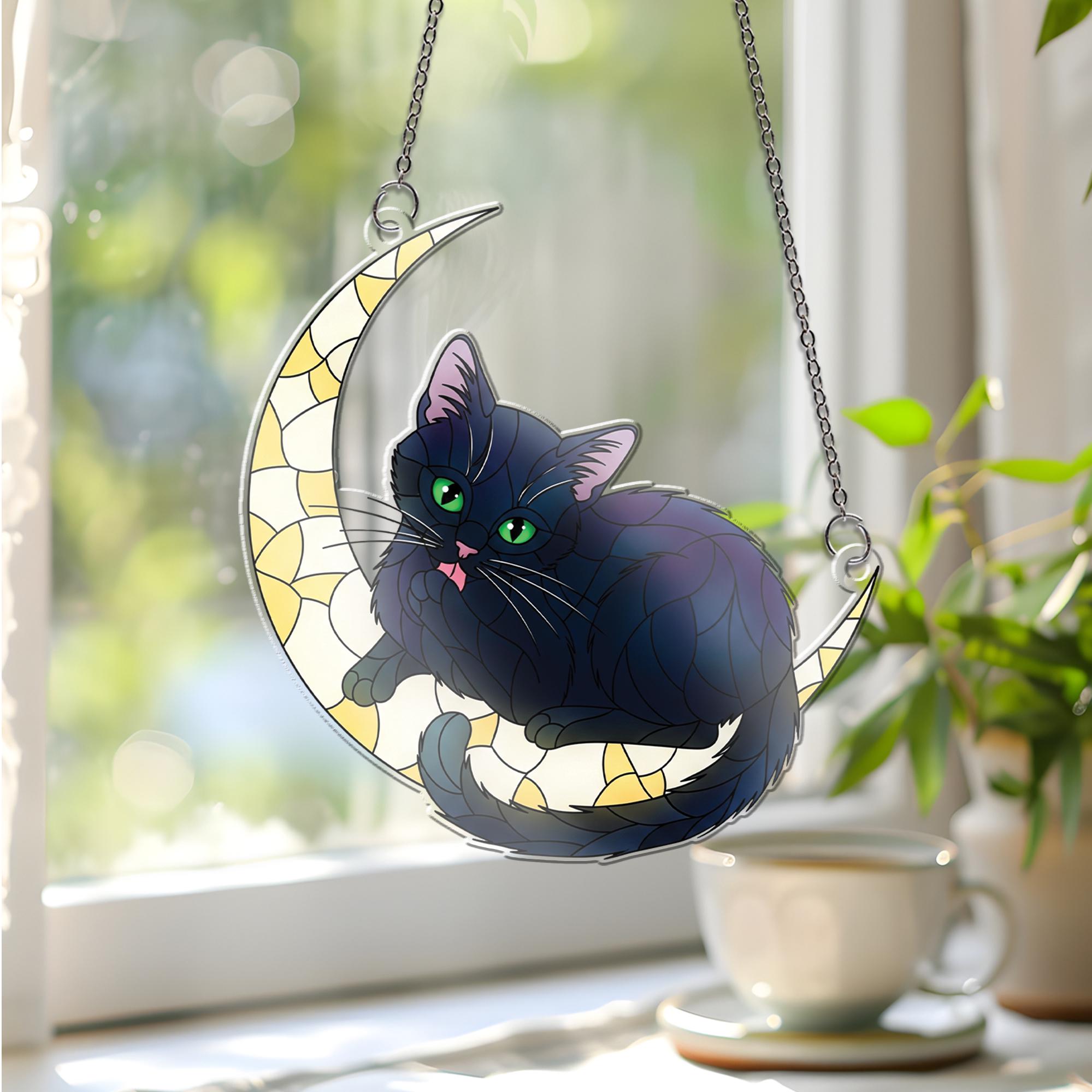 Black Cat Crescent Moon Window Hanging, Faux Glass Suncatcher, Cat Lover Gift, Halloween Cat Decor, Boho Home Charm