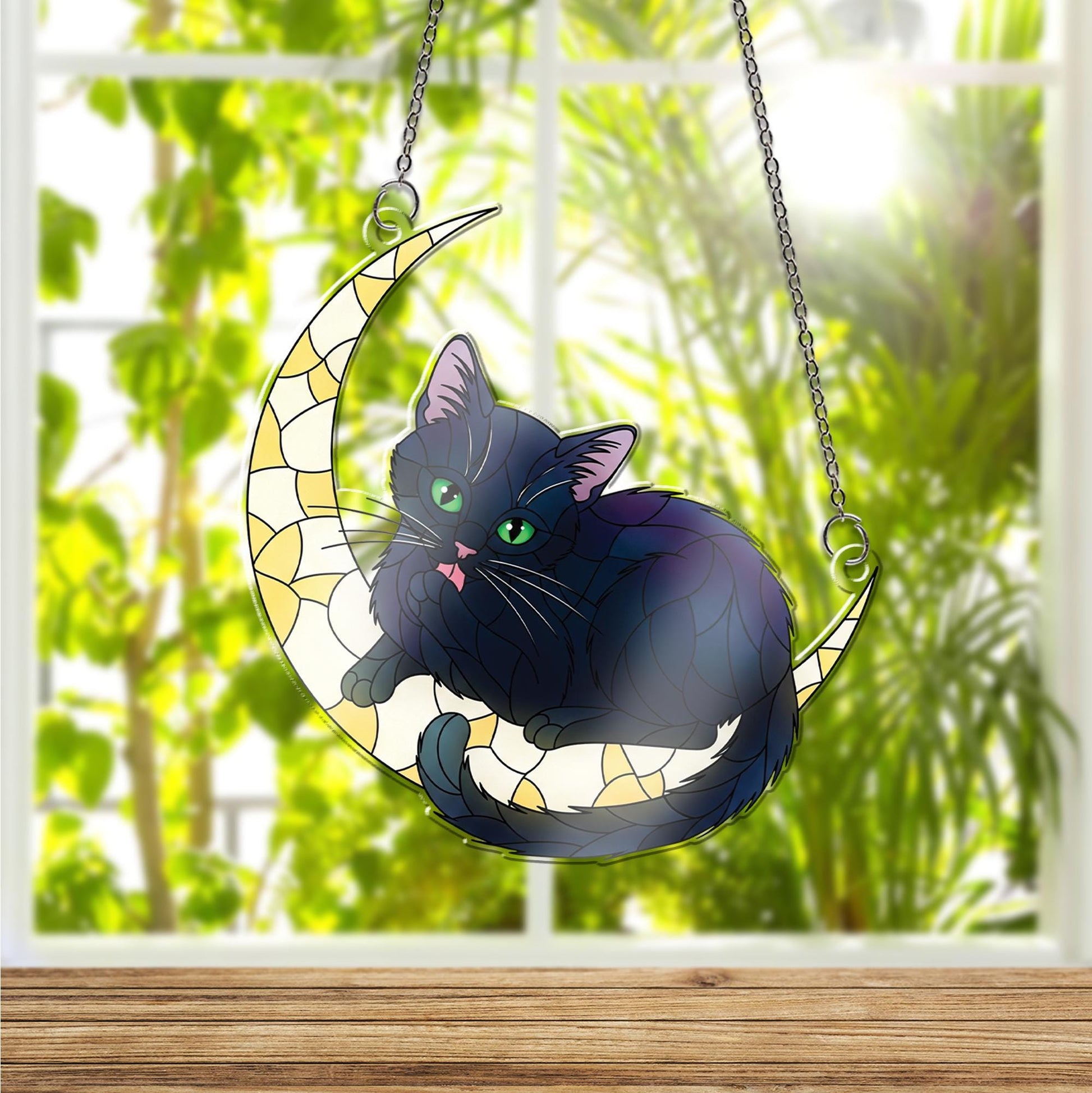 Black Cat Crescent Moon Window Hanging, Faux Glass Suncatcher, Cat Lover Gift, Halloween Cat Decor, Boho Home Charm