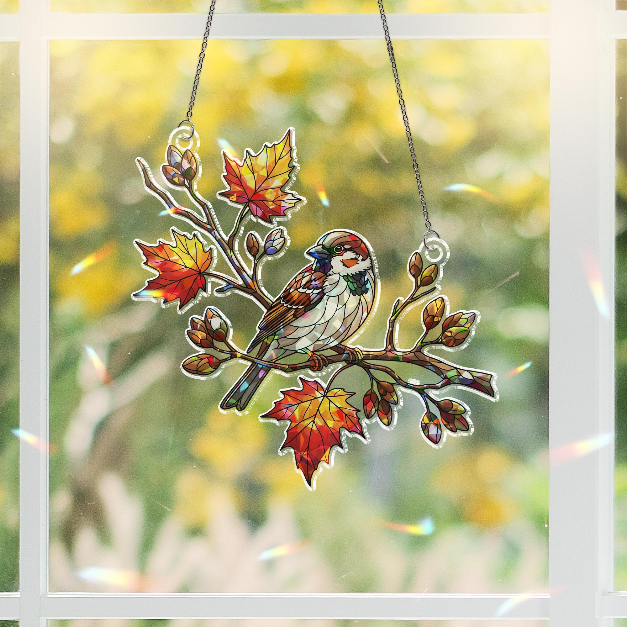 Holographic Sparrow Window Hanging, Faux Glass Bird Suncatcher, Autumn Leaves Decor, Nature Lover Gift, Fall Window Art