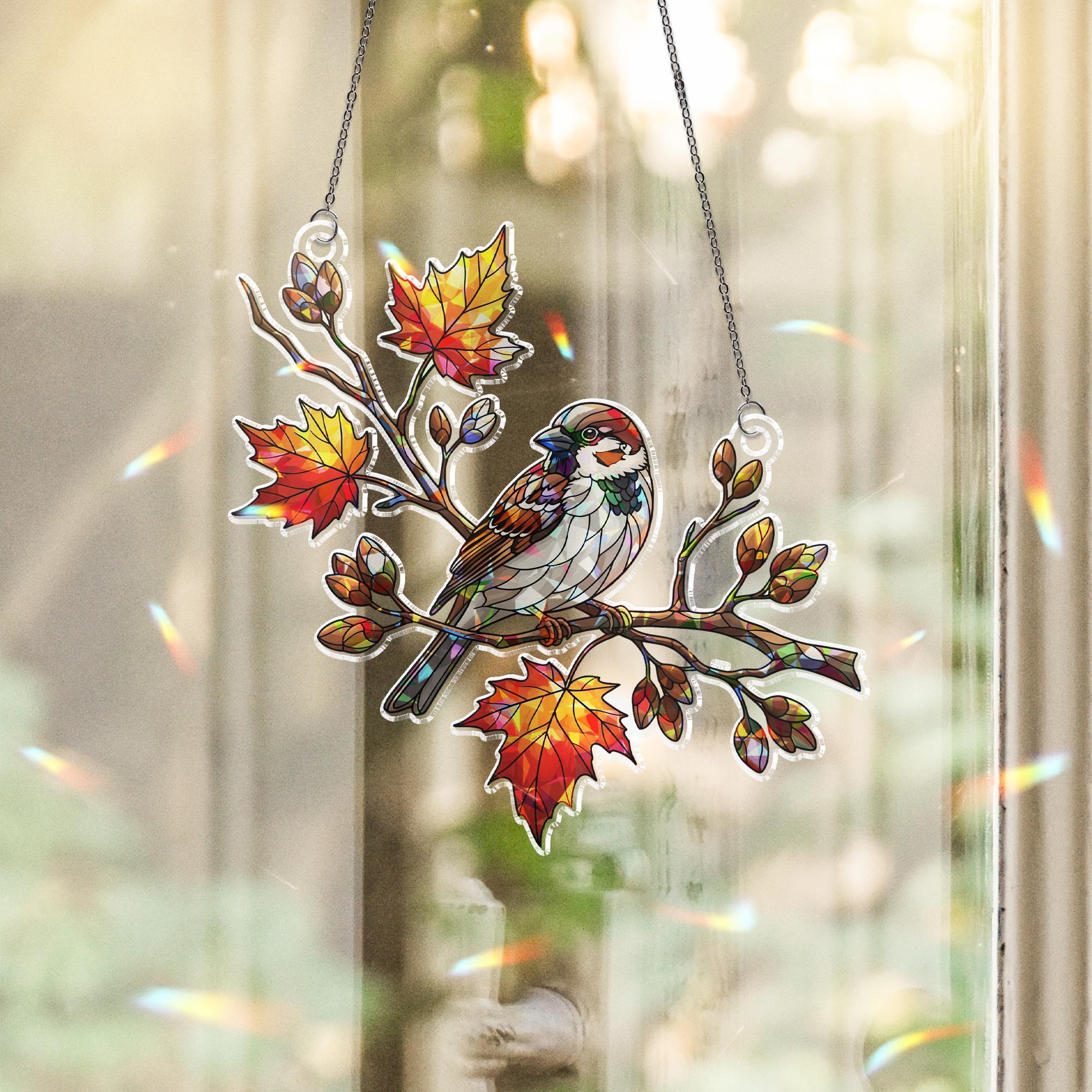 Holographic Sparrow Window Hanging, Faux Glass Bird Suncatcher, Autumn Leaves Decor, Nature Lover Gift, Fall Window Art