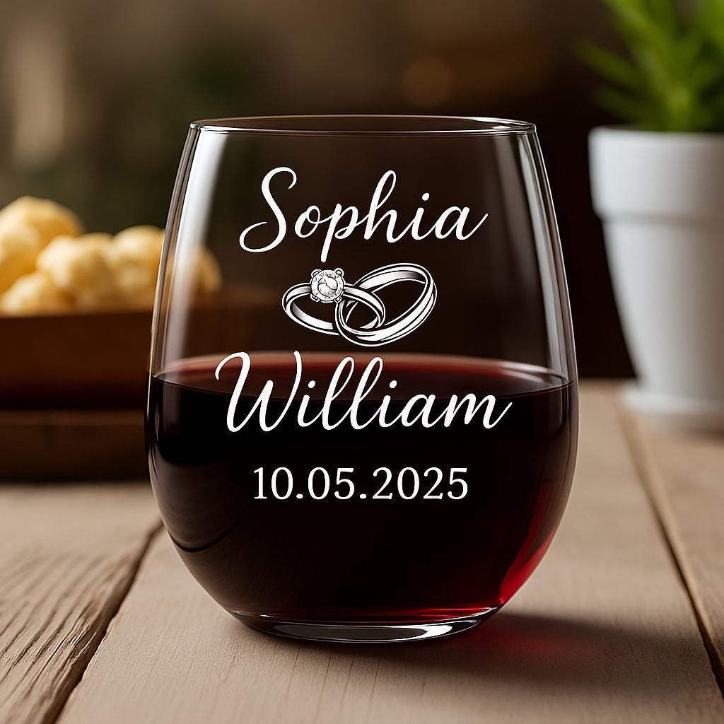 Custom Wedding Wine Glass, Personalized Name and Date Glass, Bride and Groom Gift, Engagement Keepsake, Wedding Toast Glass