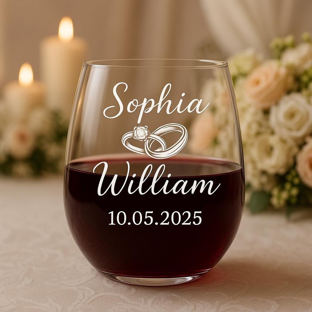 Custom Wedding Wine Glass, Personalized Name and Date Glass, Bride and Groom Gift, Engagement Keepsake, Wedding Toast Glass