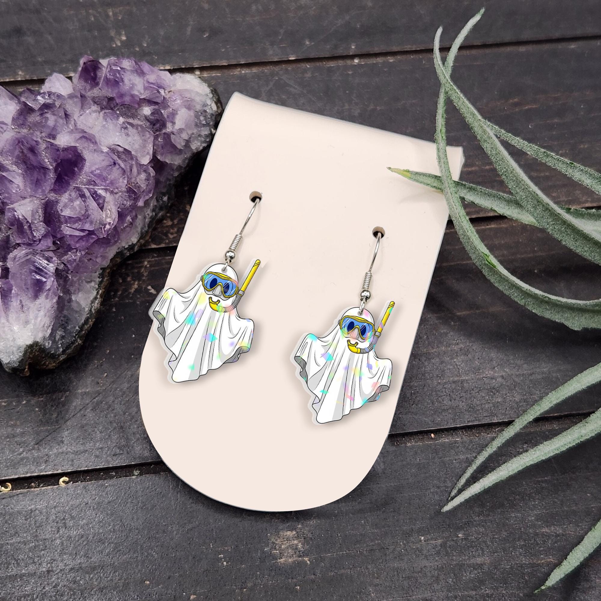 Funny Ghost Snorkeling Earrings | Cute Summer Halloween Jewelry | Spooky Beach Acrylic Earrings, Quirky Vacation Accessory, Scuba Ghost Gift