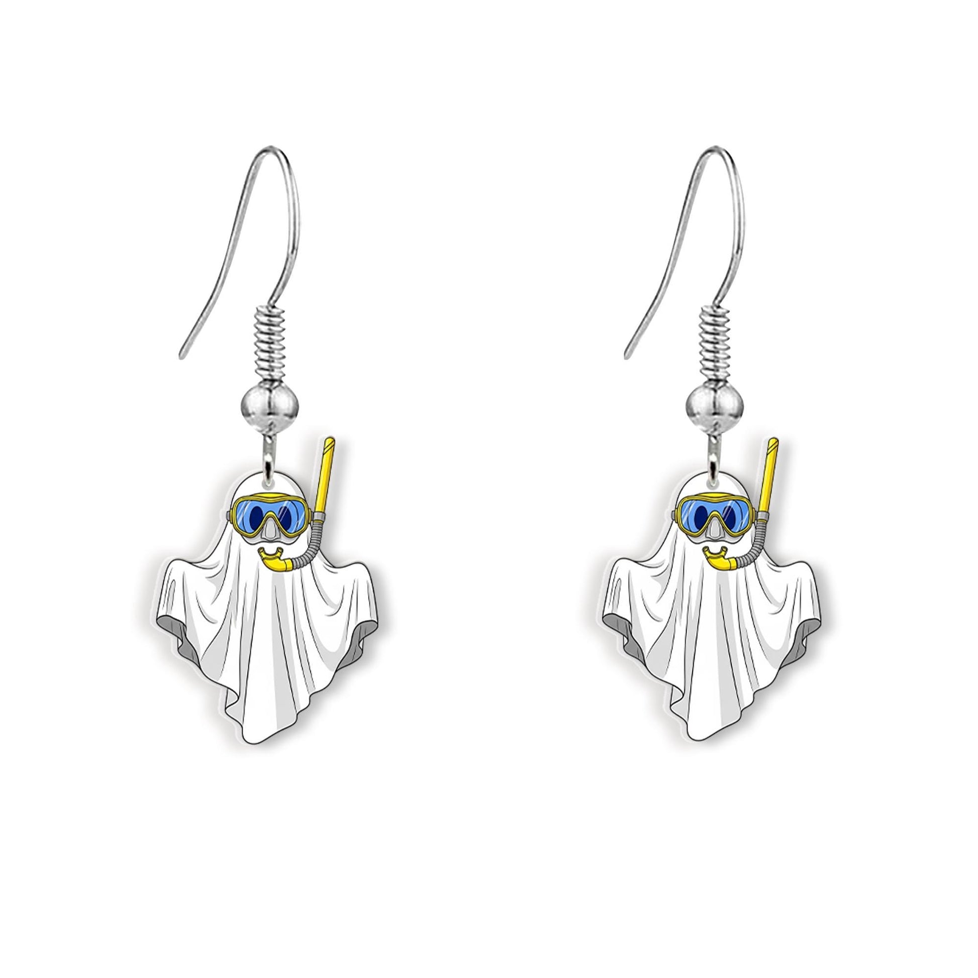 Funny Ghost Snorkeling Earrings | Cute Summer Halloween Jewelry | Spooky Beach Acrylic Earrings, Quirky Vacation Accessory, Scuba Ghost Gift