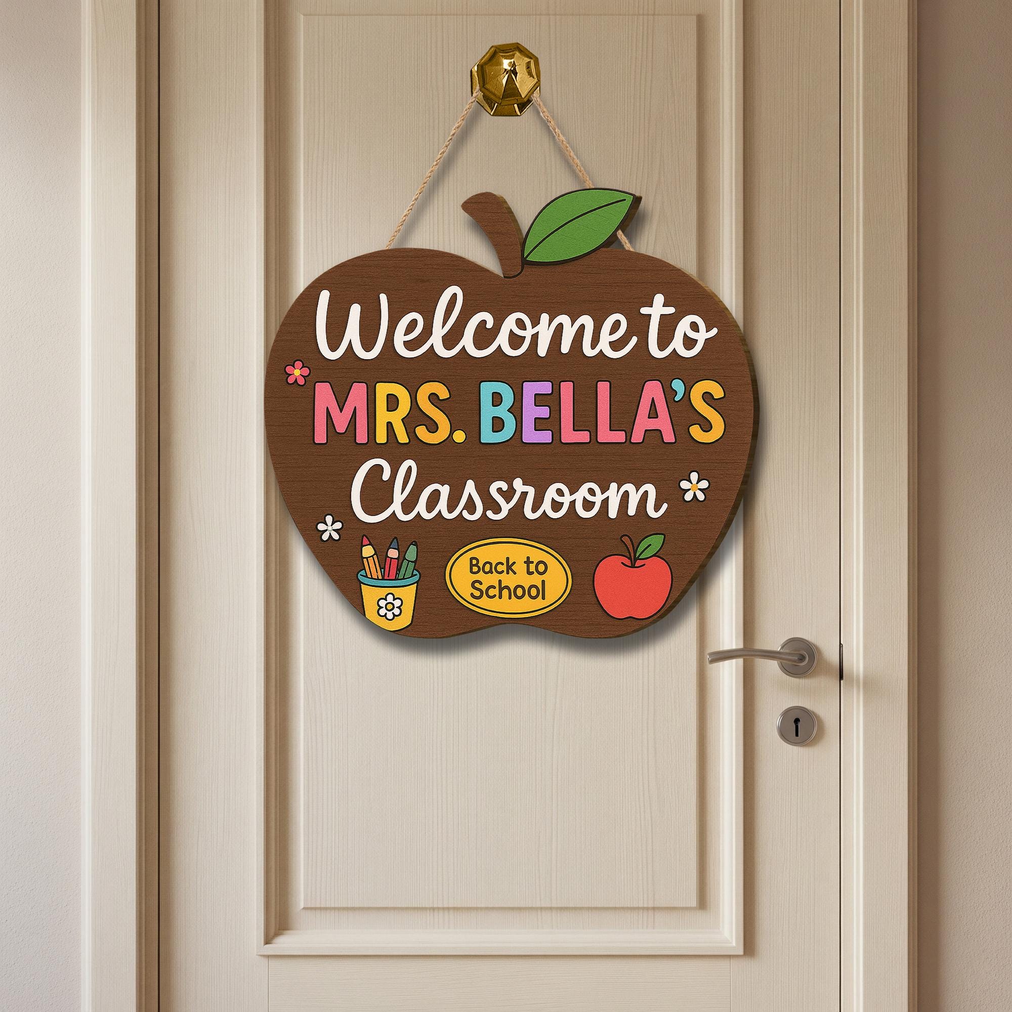 Personalized Apple Teacher Door Sign, Welcome Classroom Sign, Custom Back to School Decor, Cute Teacher Name Hanger