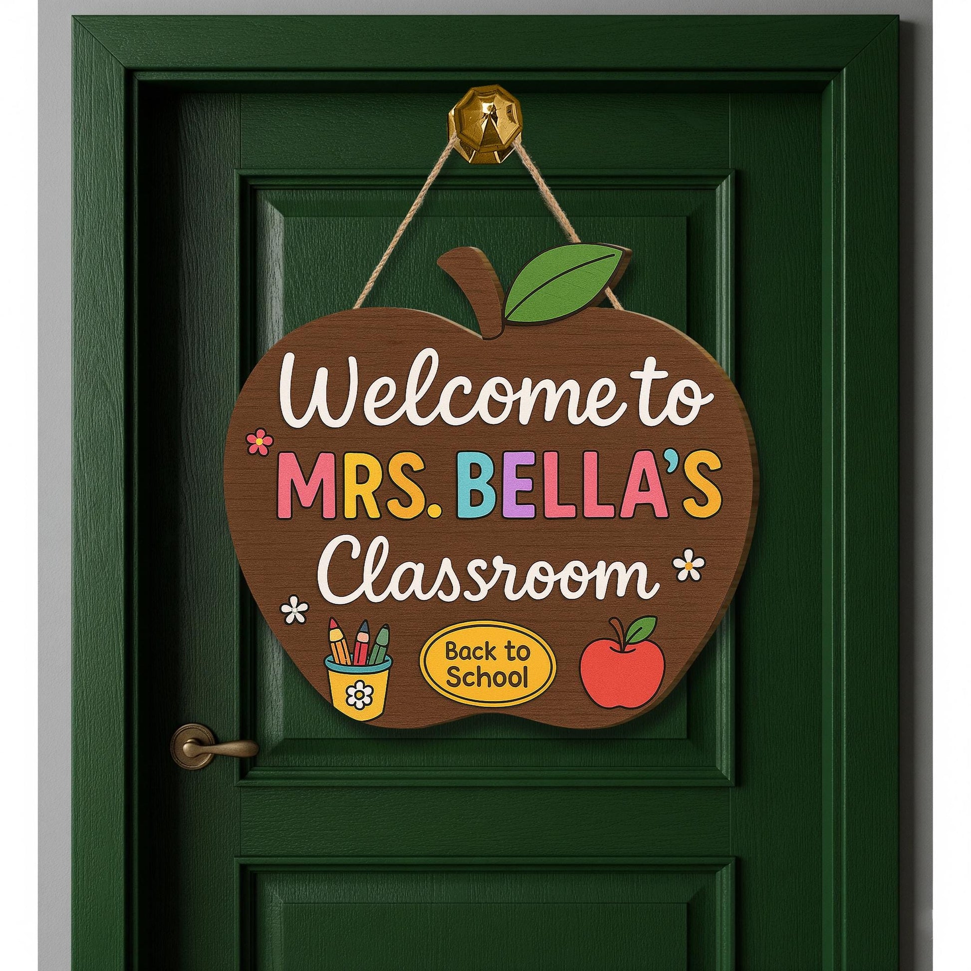 Personalized Apple Teacher Door Sign, Welcome Classroom Sign, Custom Back to School Decor, Cute Teacher Name Hanger