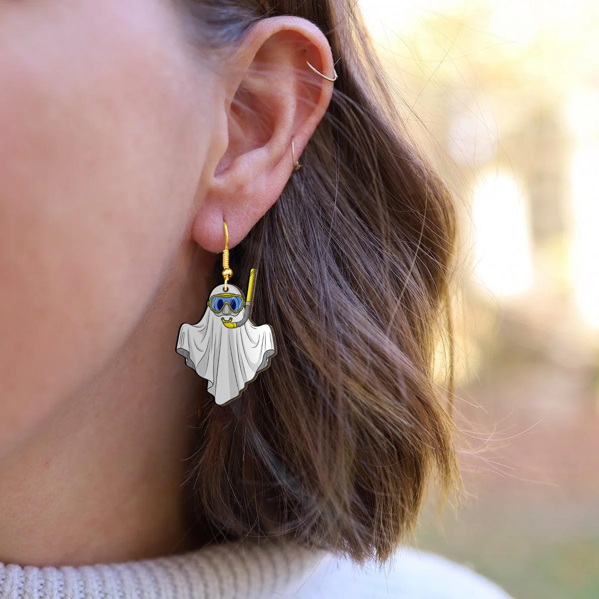 Funny Ghost Snorkeling Earrings | Cute Summer Halloween Jewelry | Spooky Beach Acrylic Earrings, Quirky Vacation Accessory, Scuba Ghost Gift