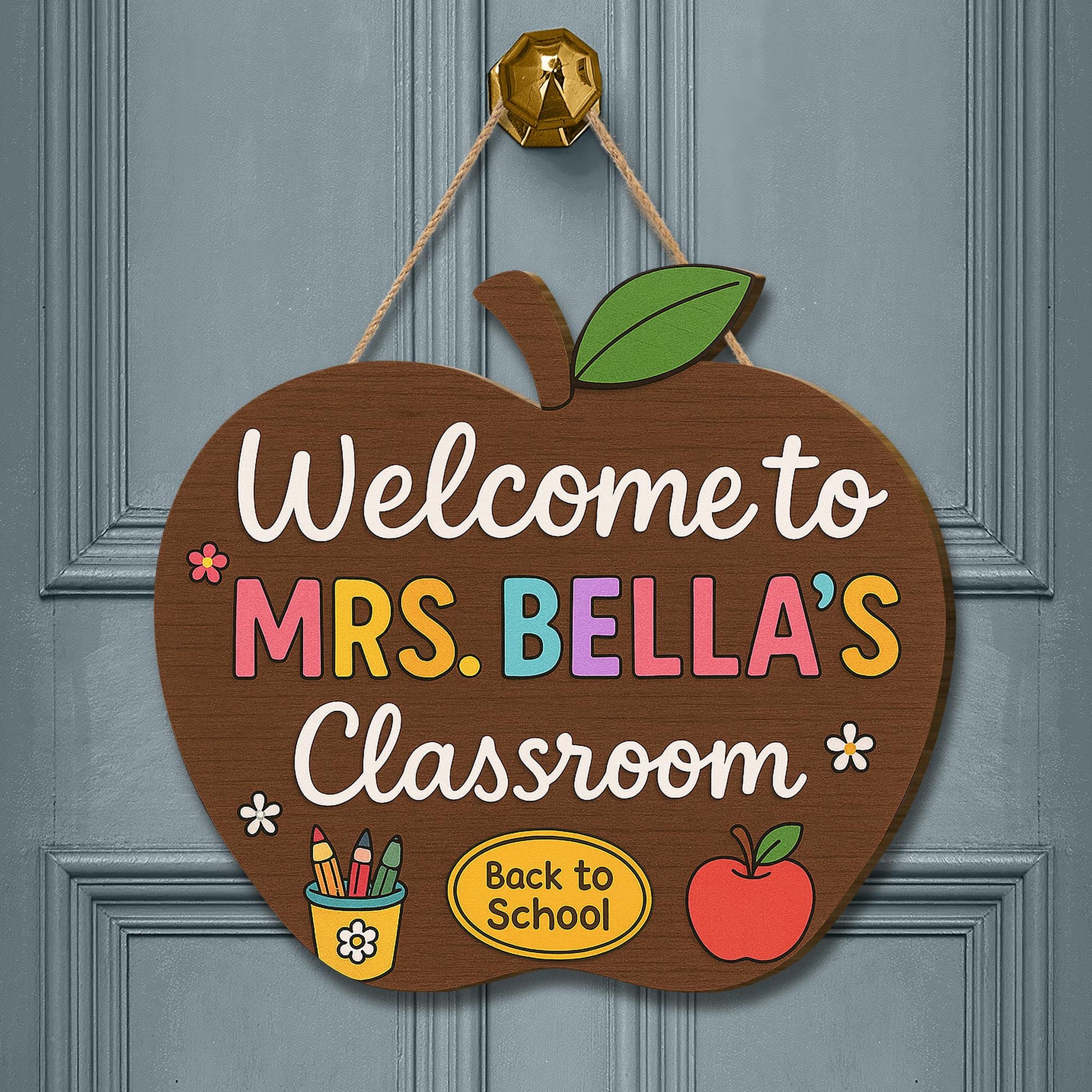 Personalized Apple Teacher Door Sign, Welcome Classroom Sign, Custom Back to School Decor, Cute Teacher Name Hanger