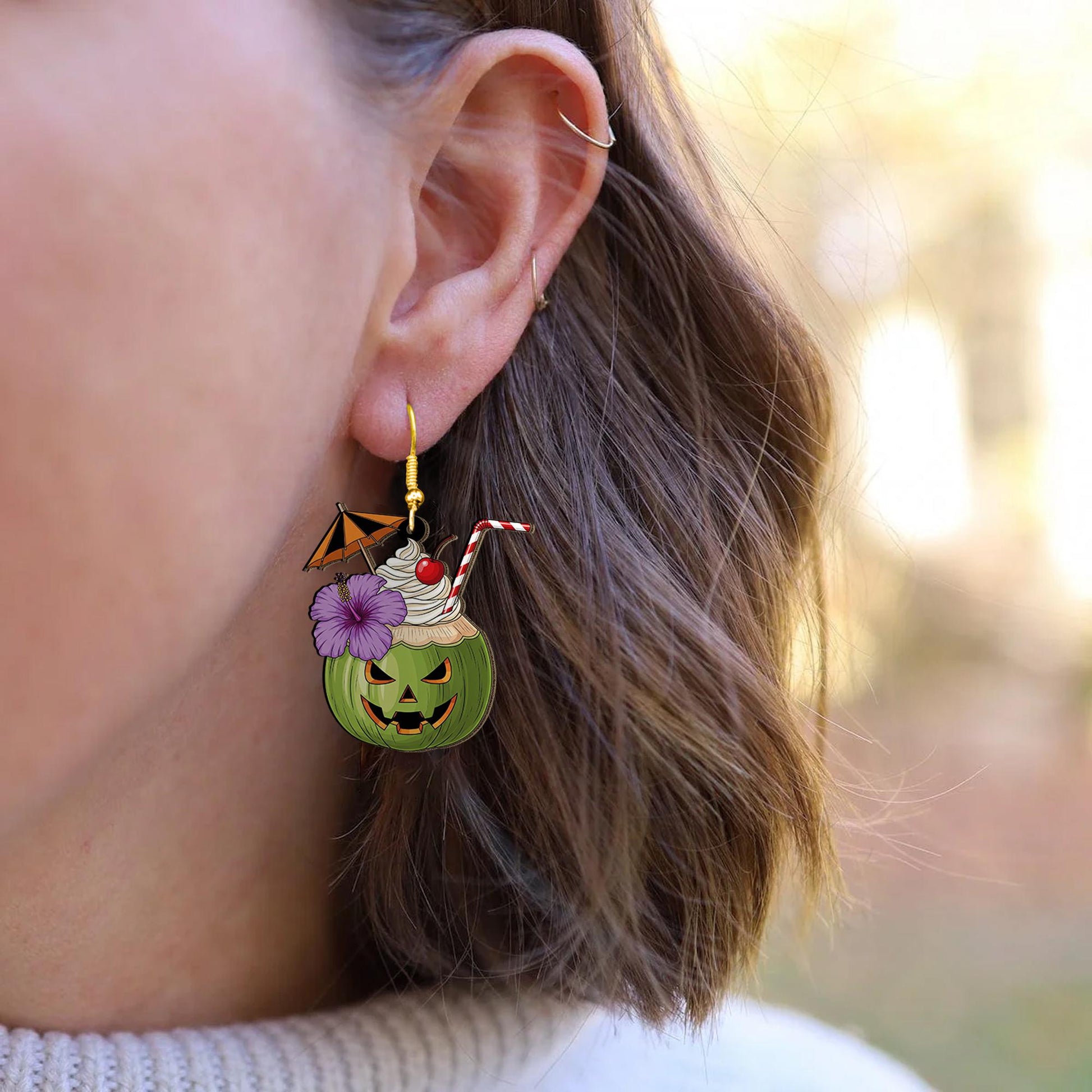 Tropical Halloween Pumpkin Earrings | Spooky Cocktail Drink Jewelry | Fun Summer Fall Earrings | Cute Halloween Coconut Cocktail Gift