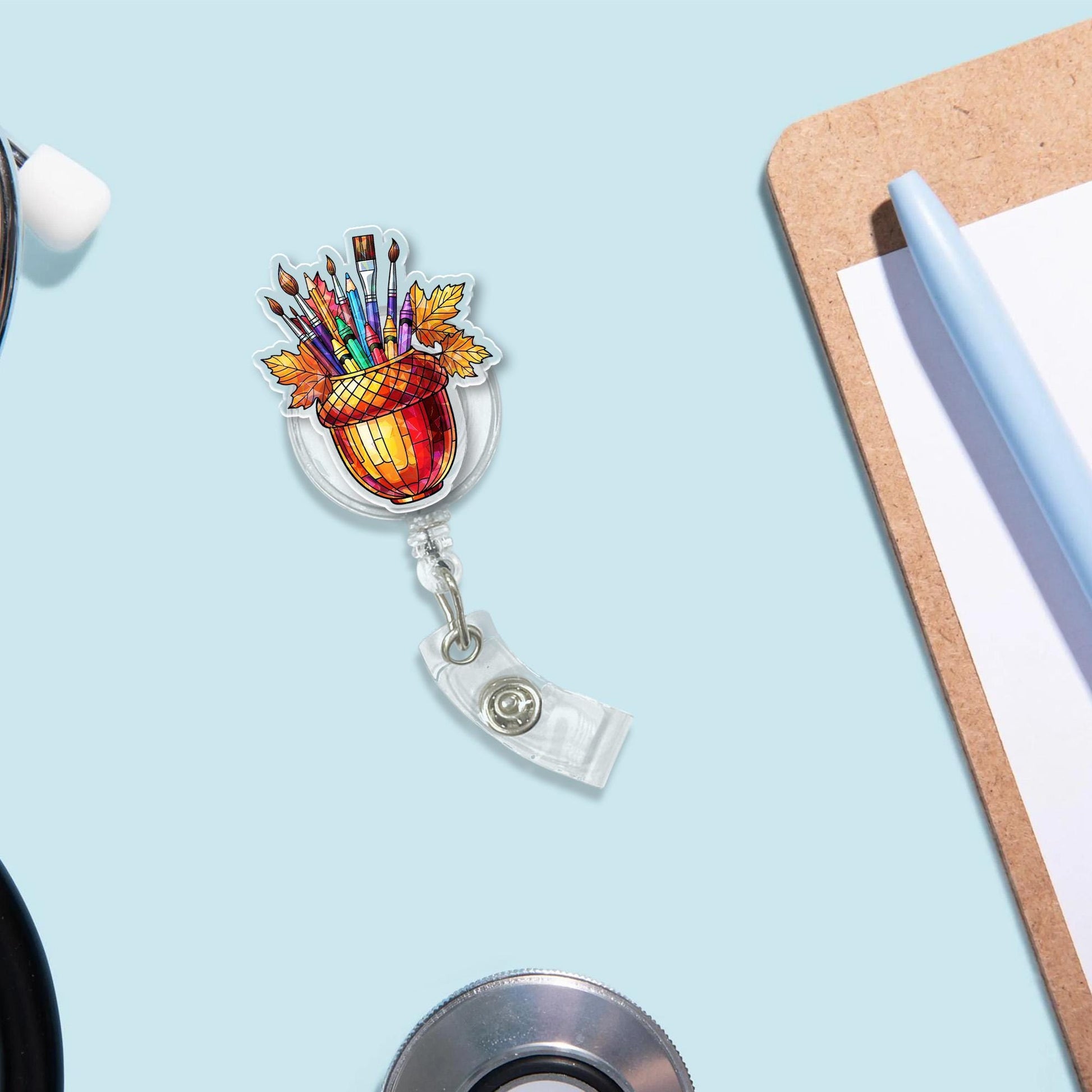 Art Teacher Badge Reel, Fall Acorn ID Holder, Retractable Clip for Artist, Back to School Gift for Creative Teachers & Crafters