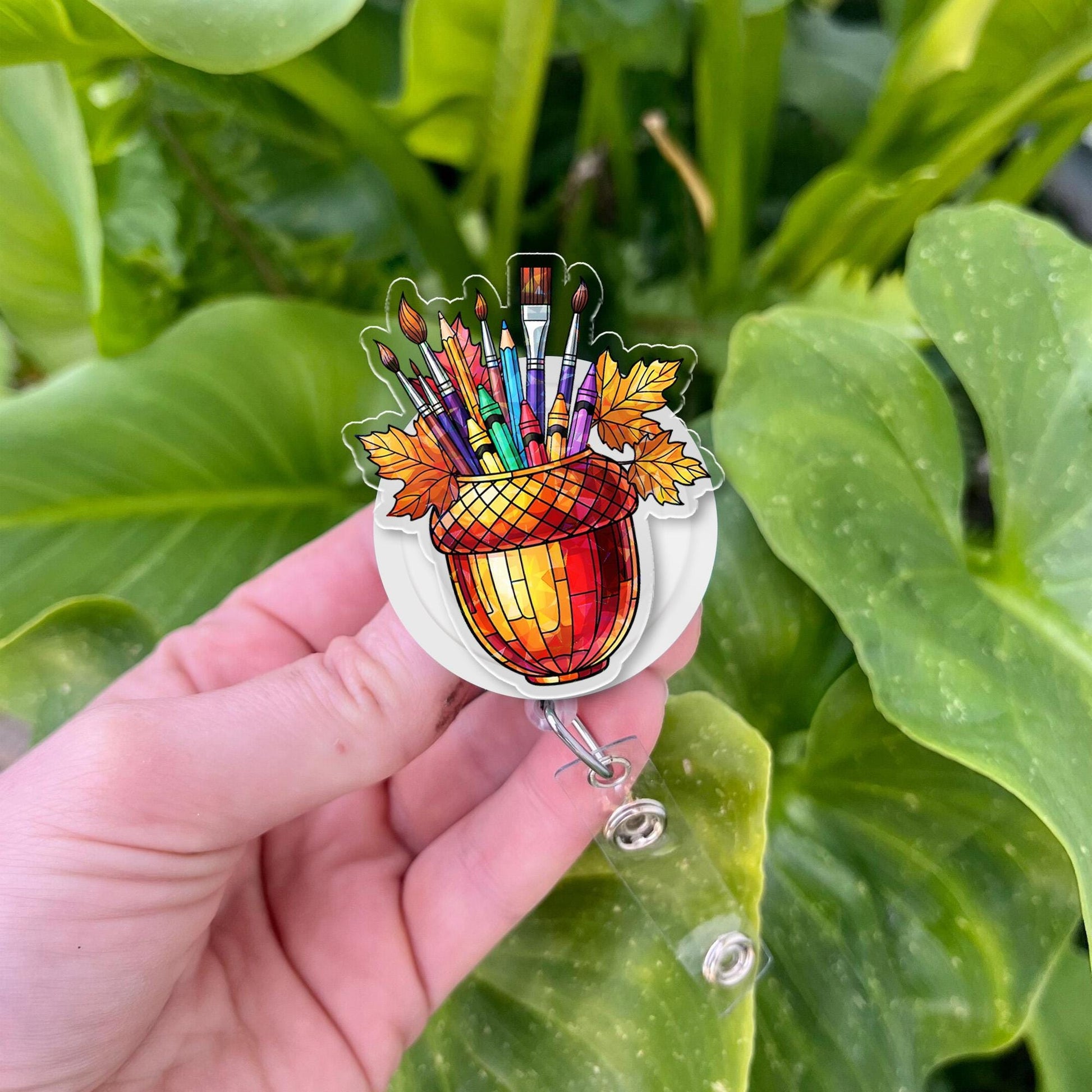 Art Teacher Badge Reel, Fall Acorn ID Holder, Retractable Clip for Artist, Back to School Gift for Creative Teachers & Crafters