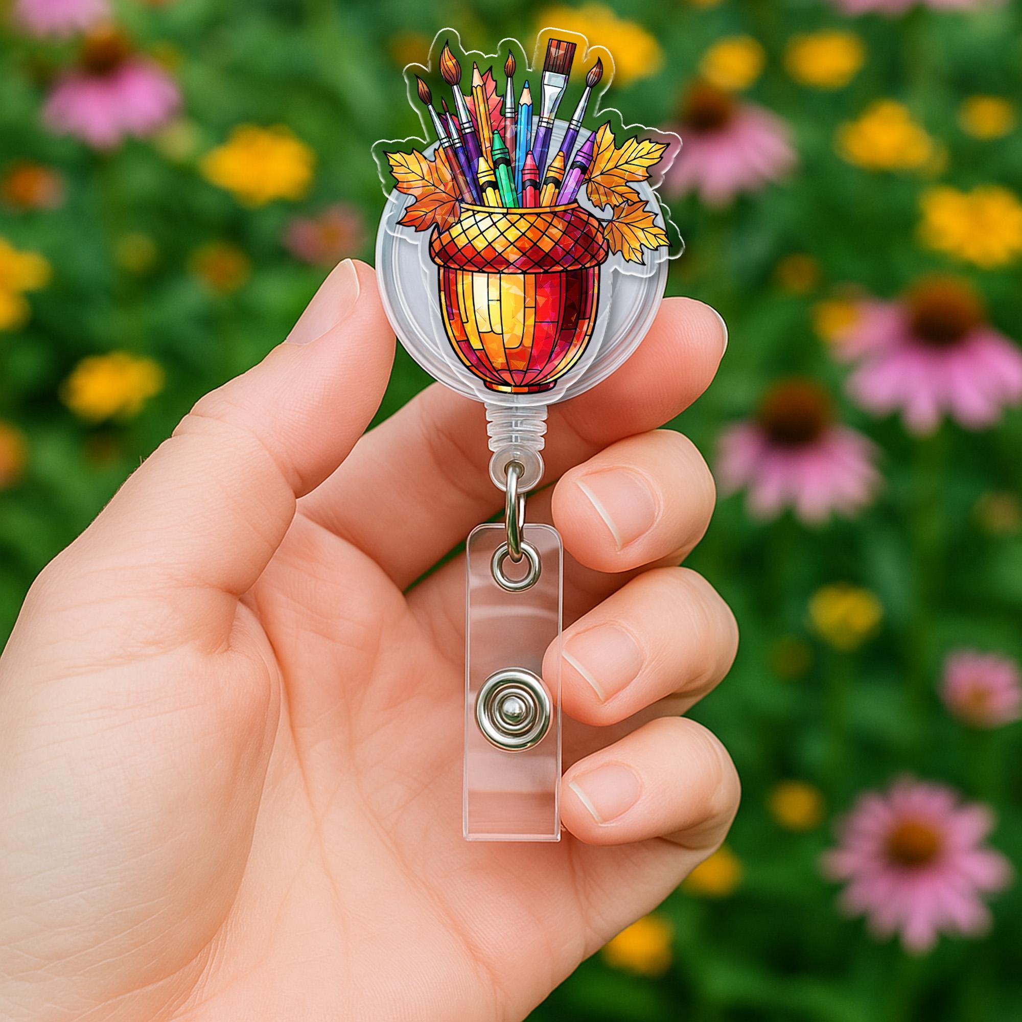Art Teacher Badge Reel, Fall Acorn ID Holder, Retractable Clip for Artist, Back to School Gift for Creative Teachers & Crafters