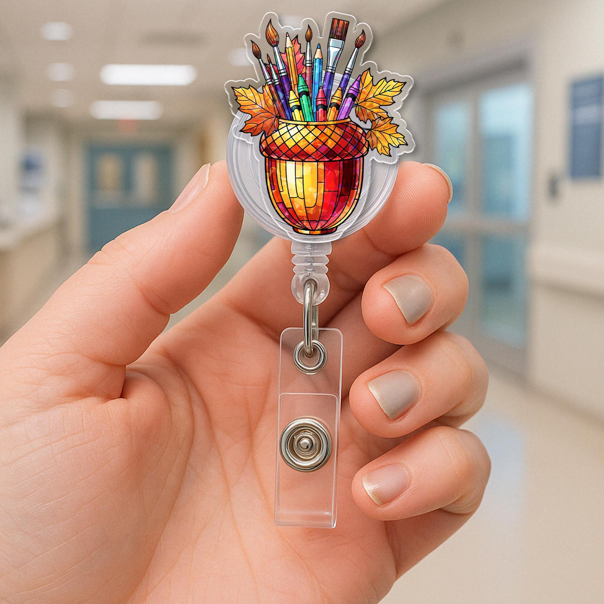 Art Teacher Badge Reel, Fall Acorn ID Holder, Retractable Clip for Artist, Back to School Gift for Creative Teachers & Crafters