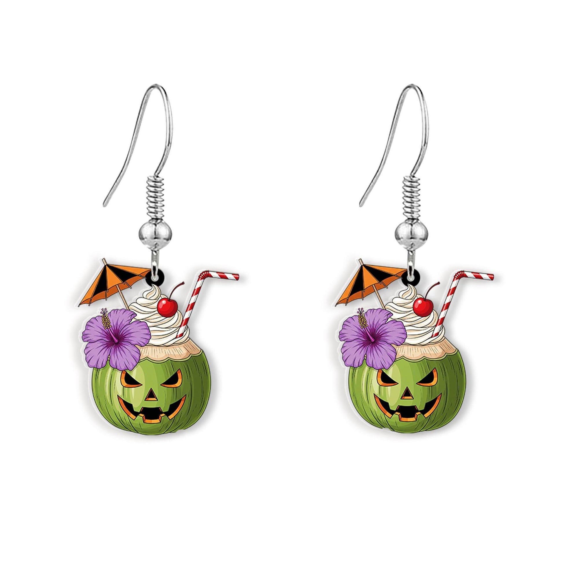 Tropical Halloween Pumpkin Earrings | Spooky Cocktail Drink Jewelry | Fun Summer Fall Earrings | Cute Halloween Coconut Cocktail Gift