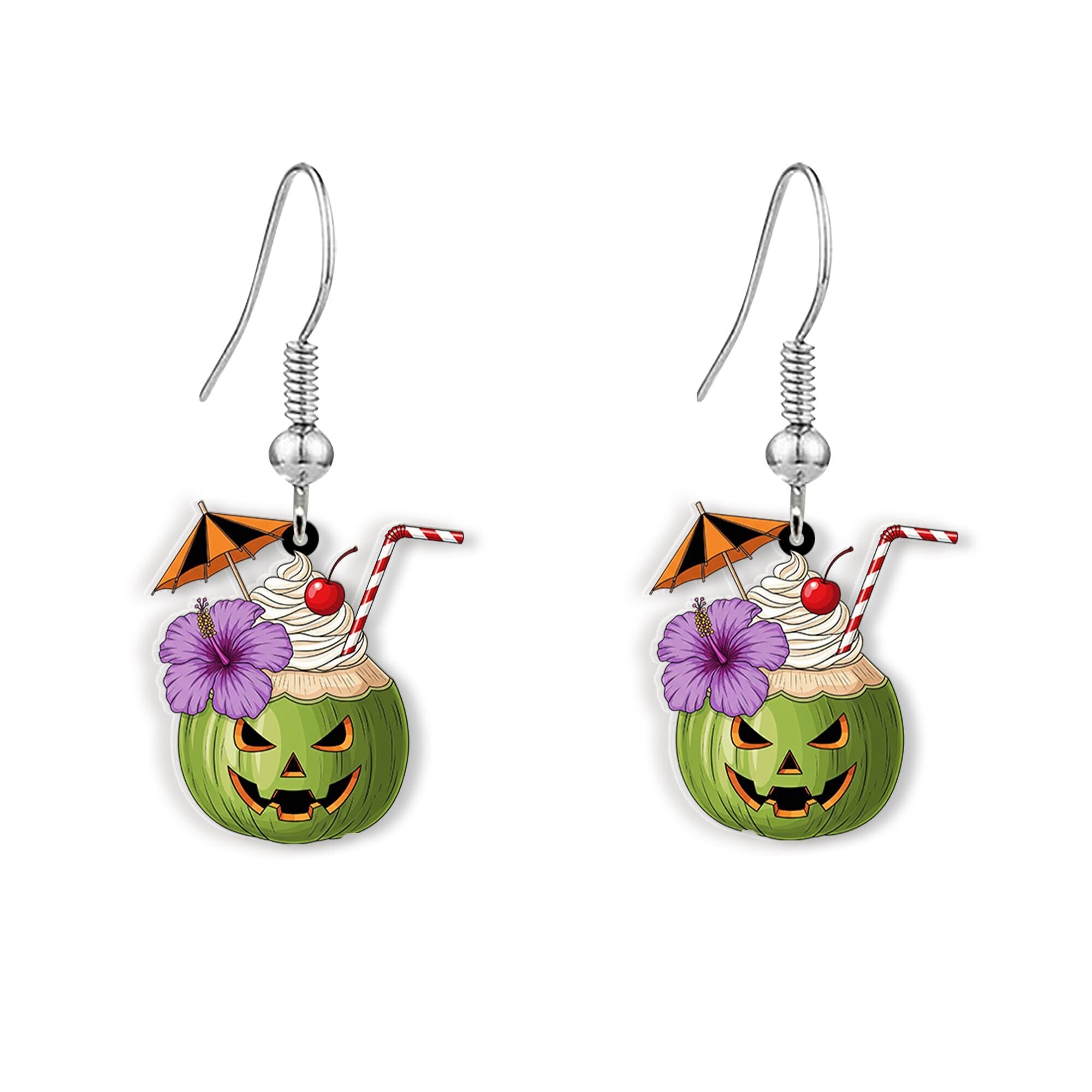 Tropical Halloween Pumpkin Earrings | Spooky Cocktail Drink Jewelry | Fun Summer Fall Earrings | Cute Halloween Coconut Cocktail Gift