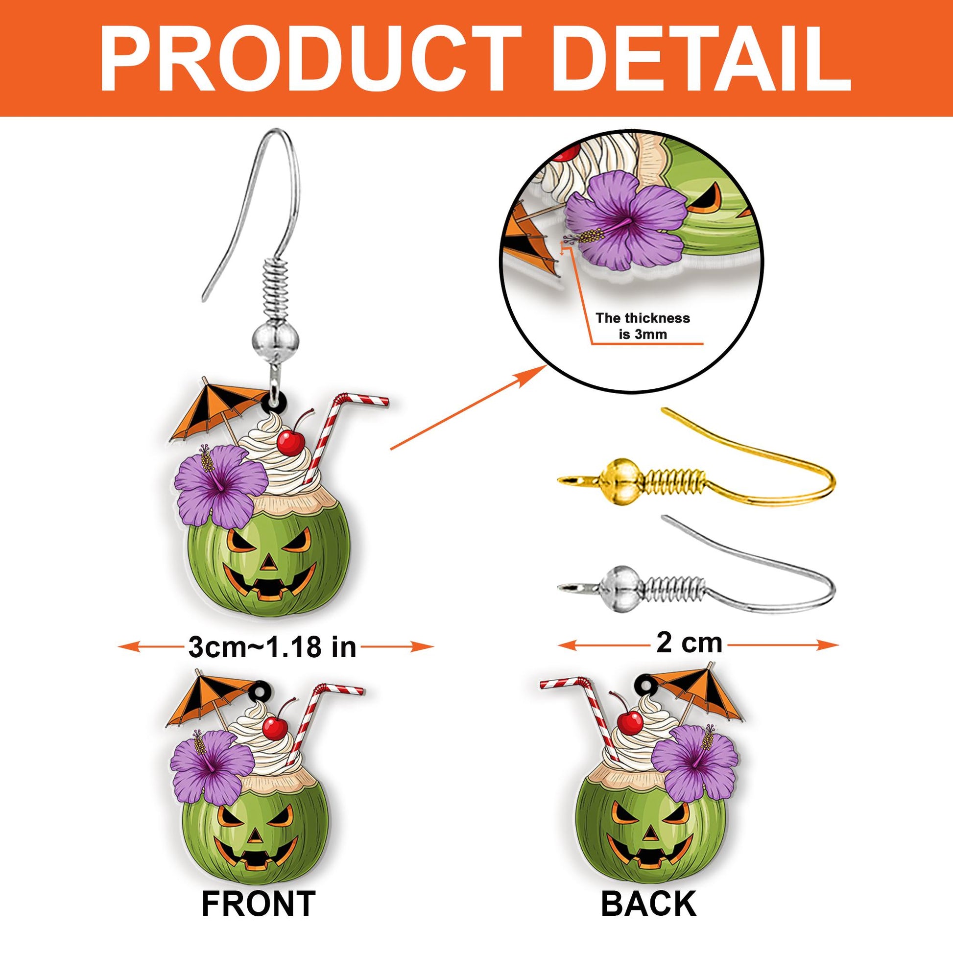 Tropical Halloween Pumpkin Earrings | Spooky Cocktail Drink Jewelry | Fun Summer Fall Earrings | Cute Halloween Coconut Cocktail Gift