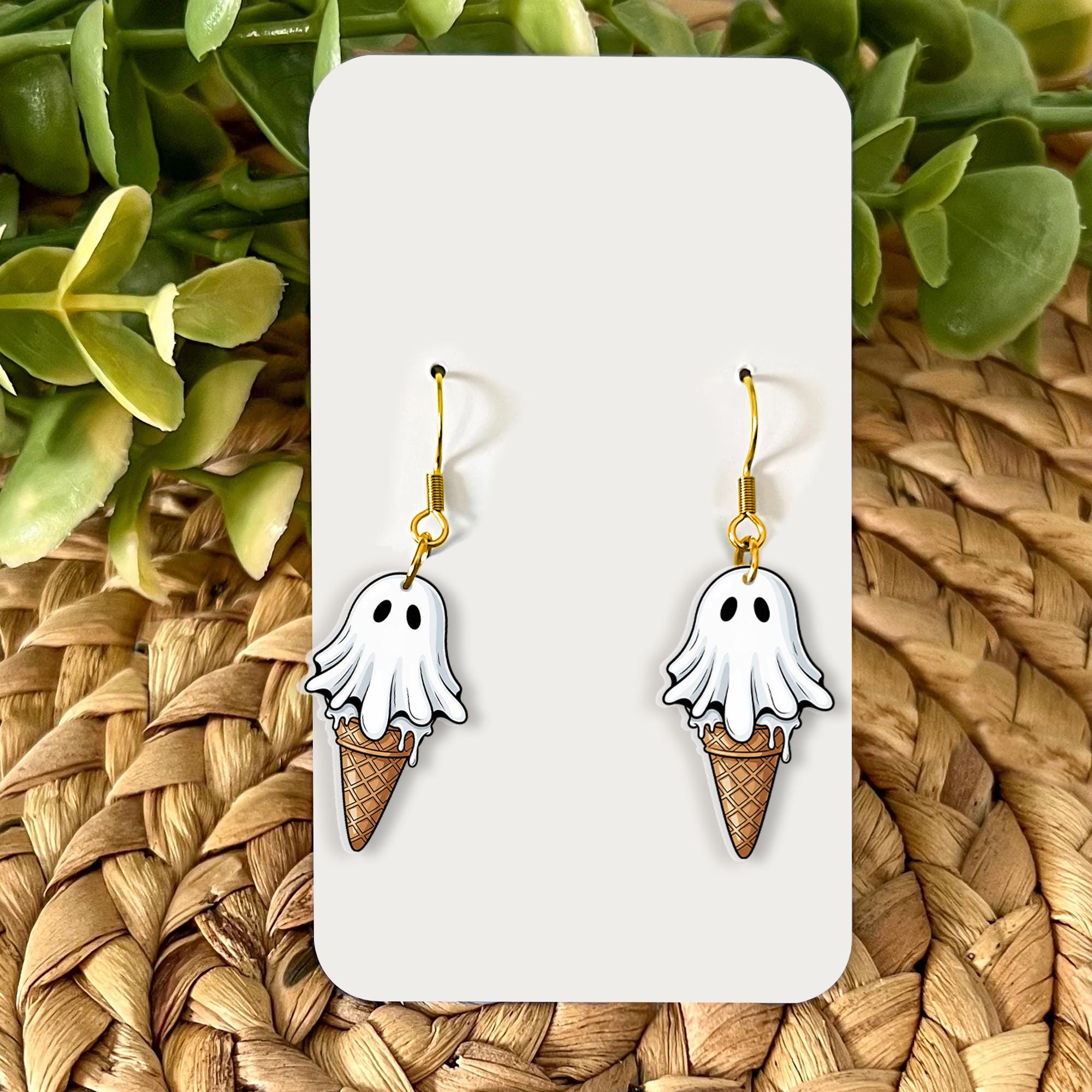 Ghost Ice Cream Cone Earrings | Cute Spooky Halloween Jewelry, Fun Acrylic Ghost Earrings, Kawaii Ice Cream Dangle Gift, Summerween Earrings
