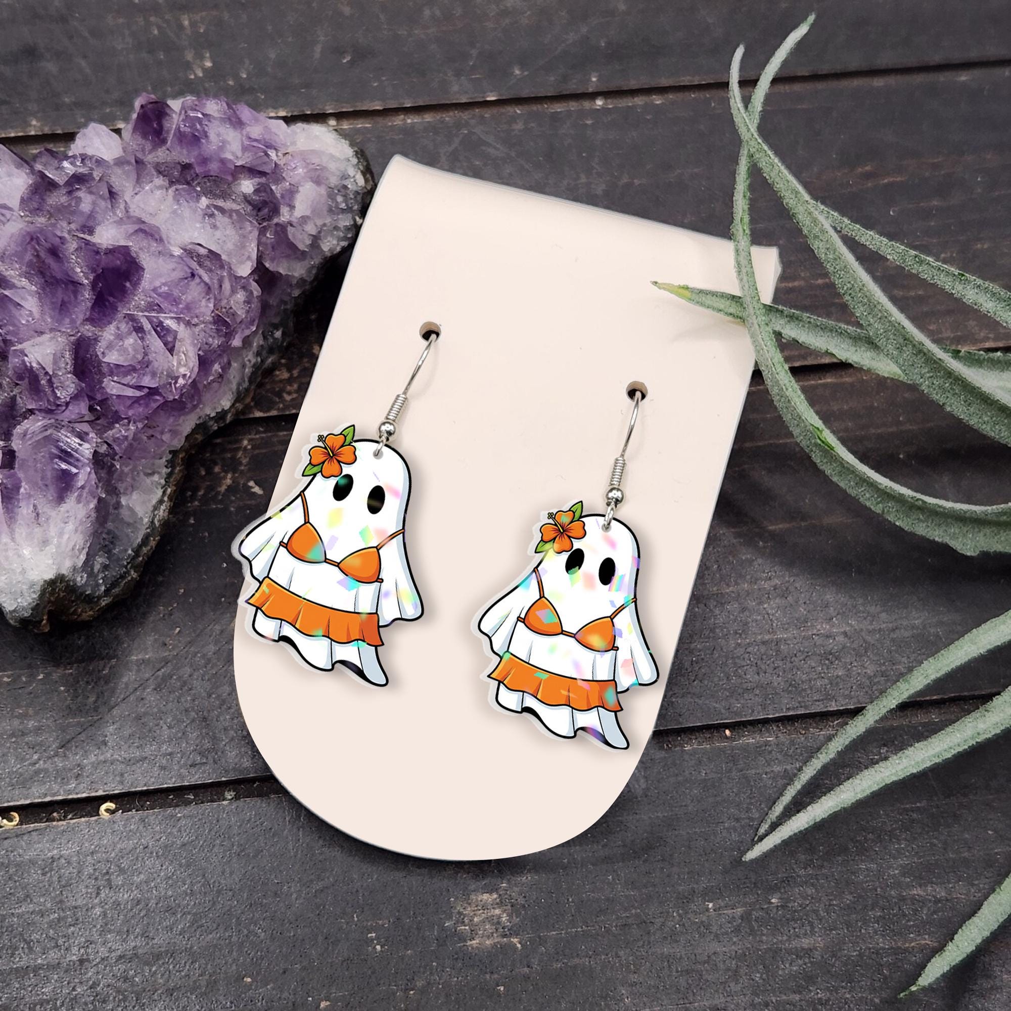 Tropical Ghost Earrings | Funny Ghost in Bikini Dangle Jewelry | Summer Spooky Earrings, Halloween Beach Gift for Her, Summerween Ghost Gift