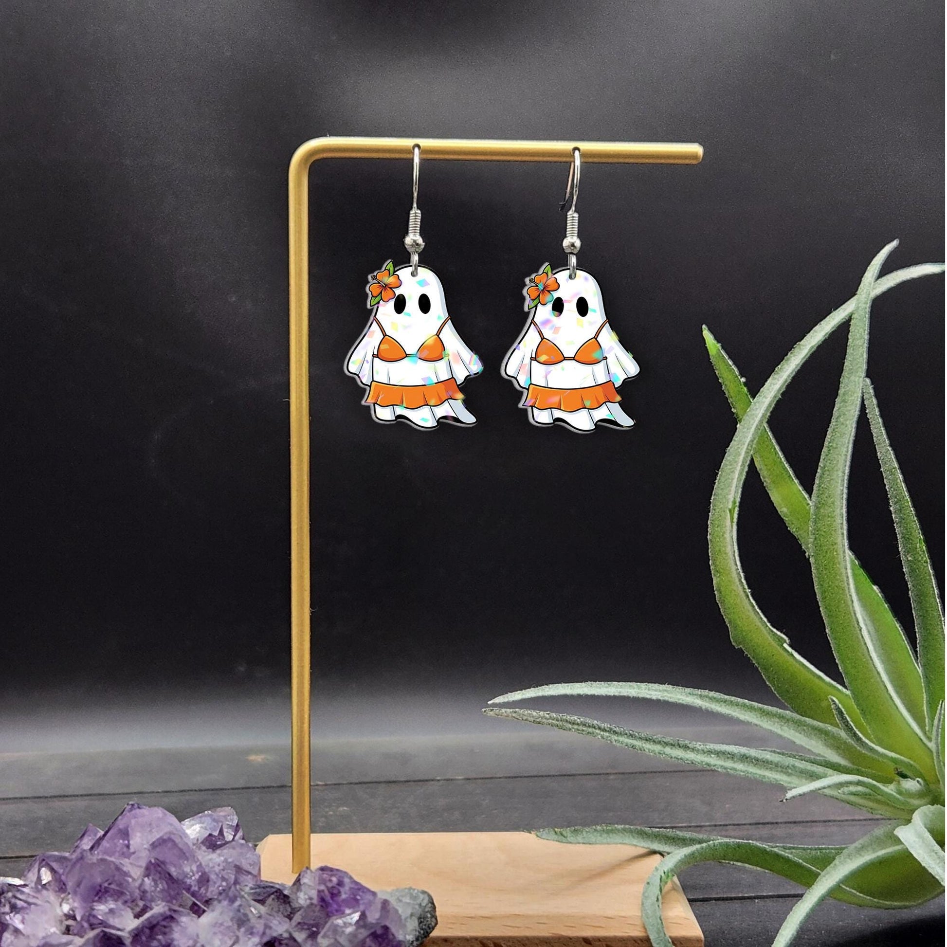 Tropical Ghost Earrings | Funny Ghost in Bikini Dangle Jewelry | Summer Spooky Earrings, Halloween Beach Gift for Her, Summerween Ghost Gift