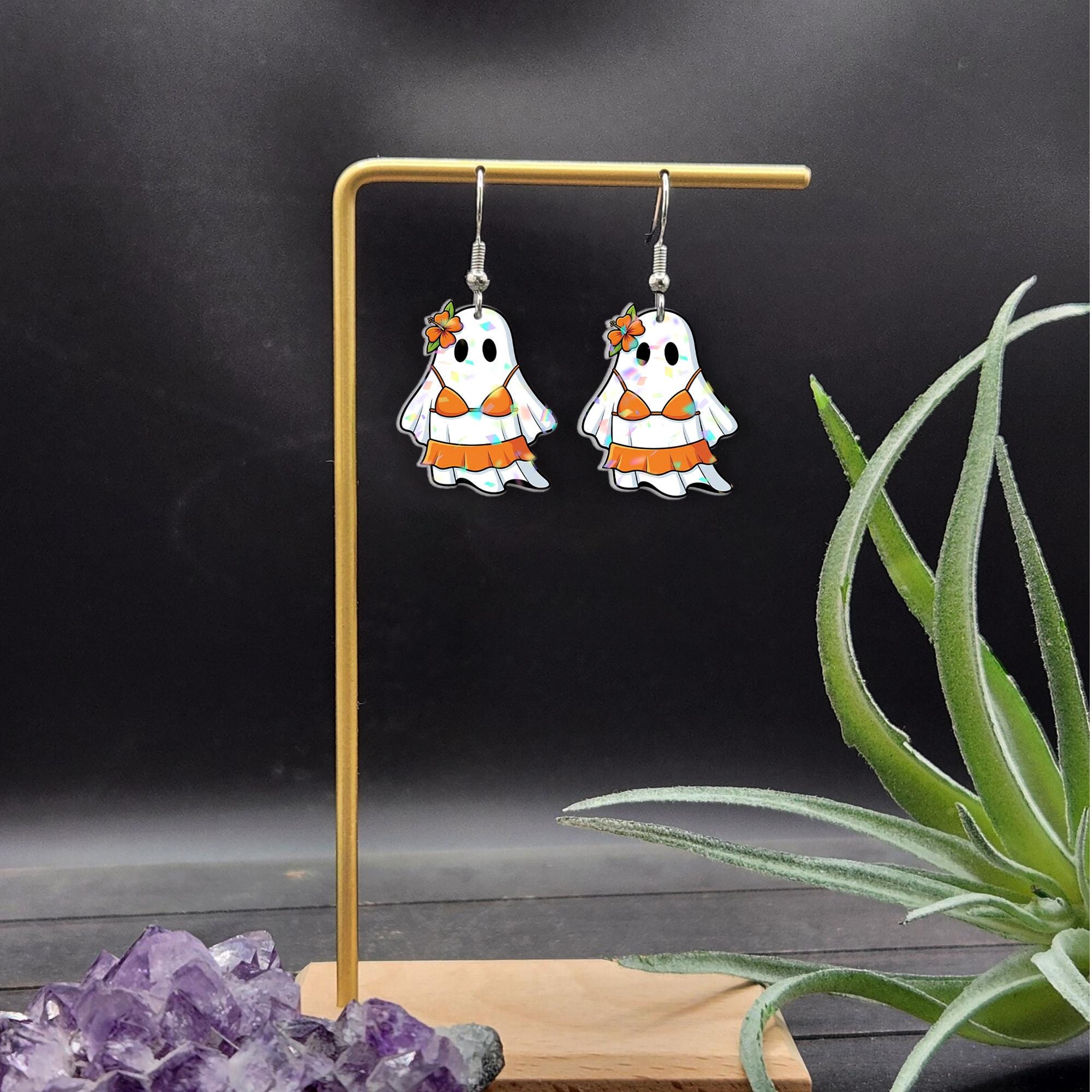 Tropical Ghost Earrings | Funny Ghost in Bikini Dangle Jewelry | Summer Spooky Earrings, Halloween Beach Gift for Her, Summerween Ghost Gift
