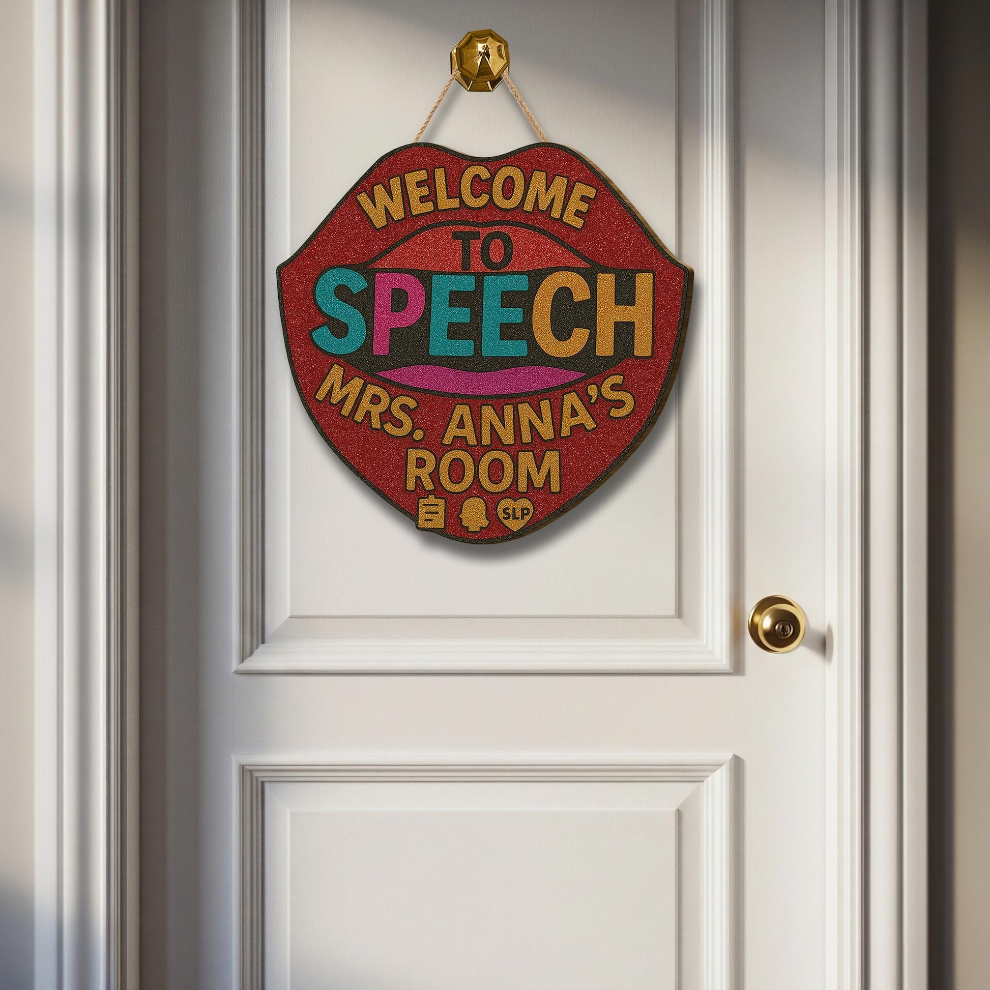 Faux Glitter Speech Room Door Sign, SLP Office Decor, Welcome Sign for Speech Therapist, Personalized SLP Door Hanger Gift