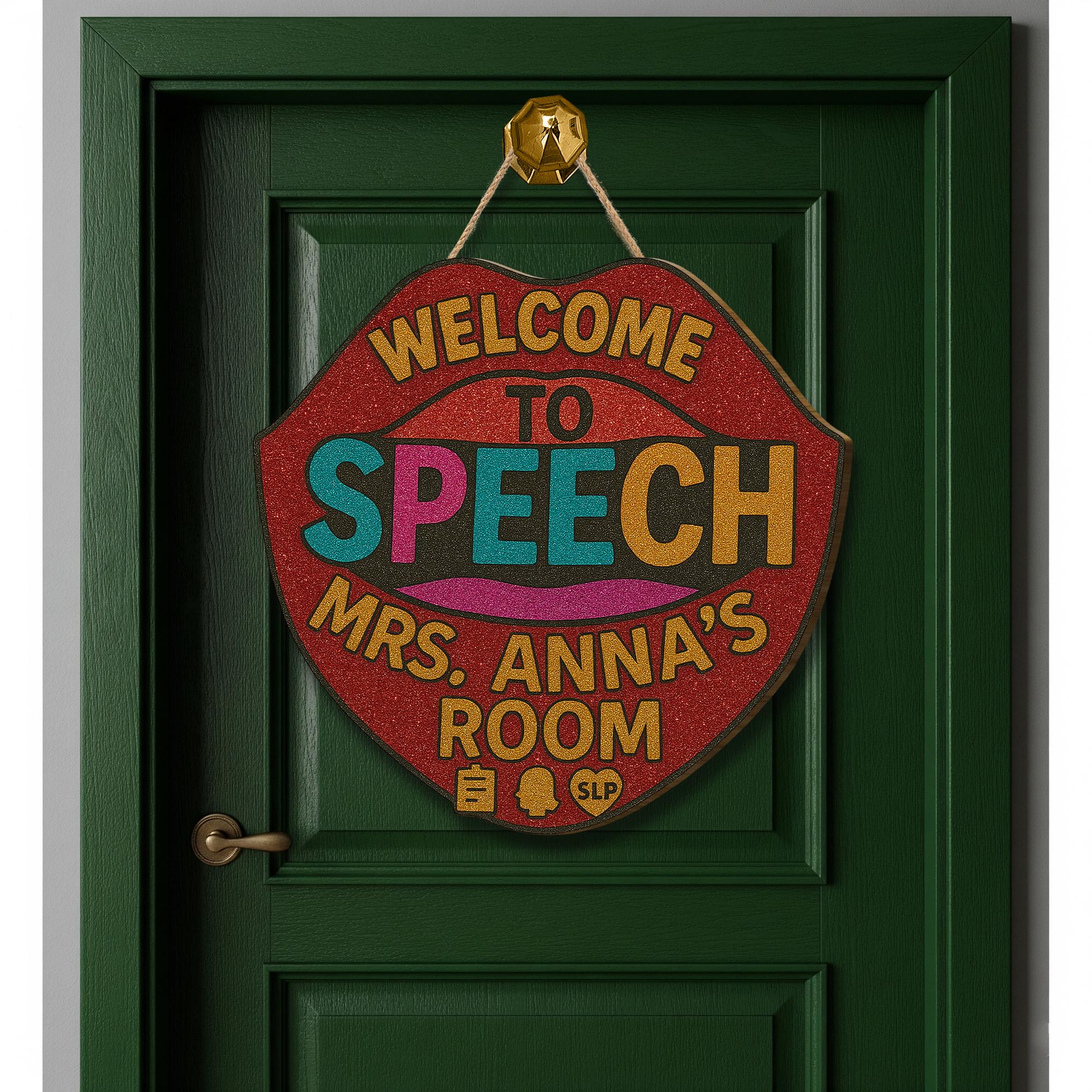 Faux Glitter Speech Room Door Sign, SLP Office Decor, Welcome Sign for Speech Therapist, Personalized SLP Door Hanger Gift