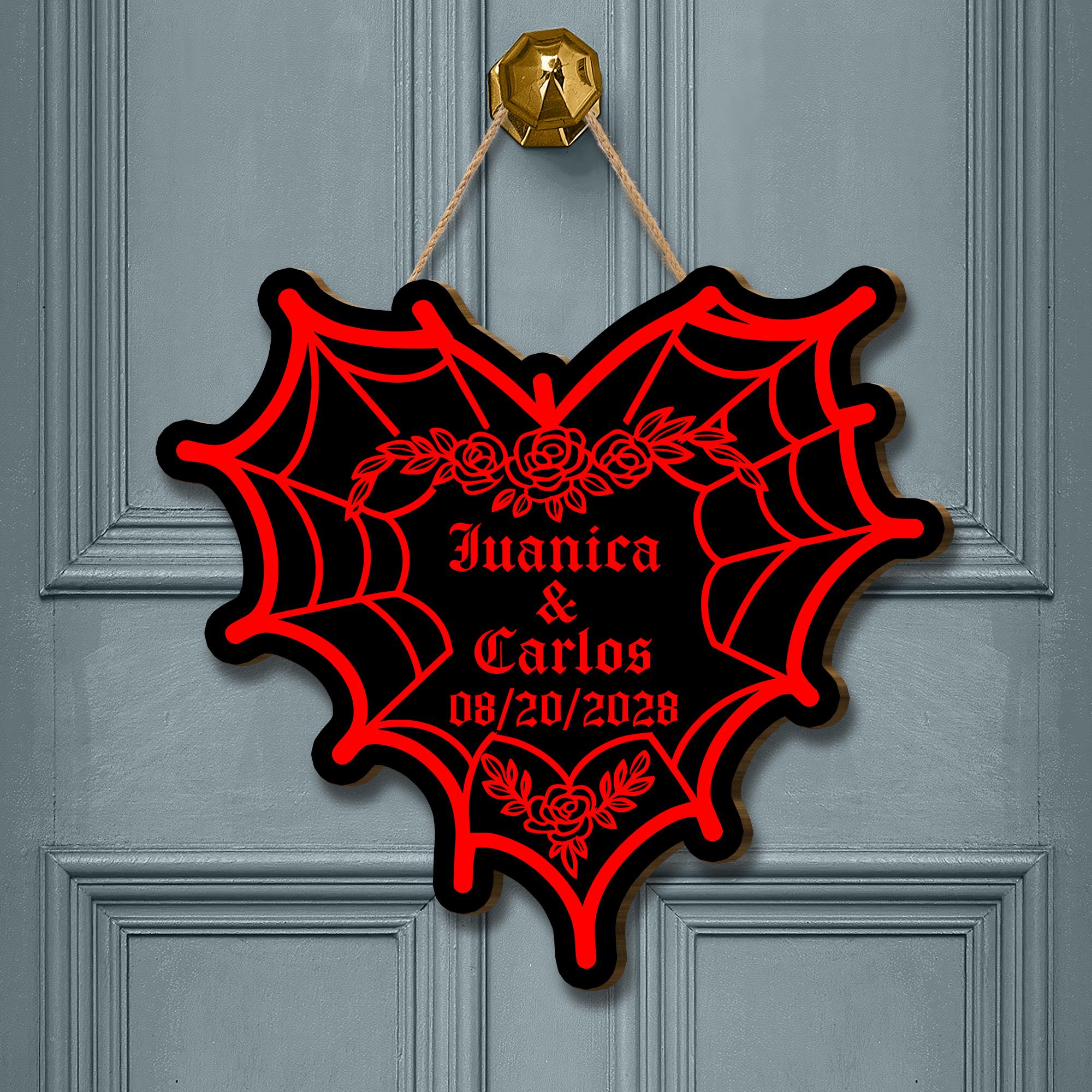Custom Gothic Couple Sign, Personalized Spiderweb Heart sign, Spooky Wedding Gift, Goth Home Decor, Dark Love Wood Sign