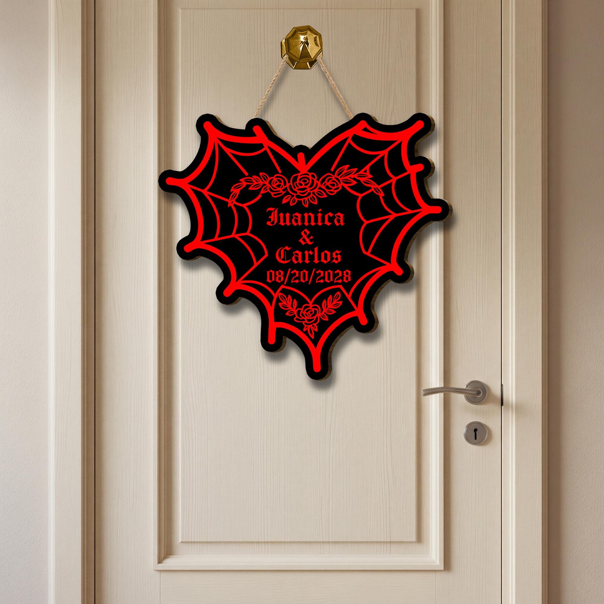 Custom Gothic Couple Sign, Personalized Spiderweb Heart sign, Spooky Wedding Gift, Goth Home Decor, Dark Love Wood Sign