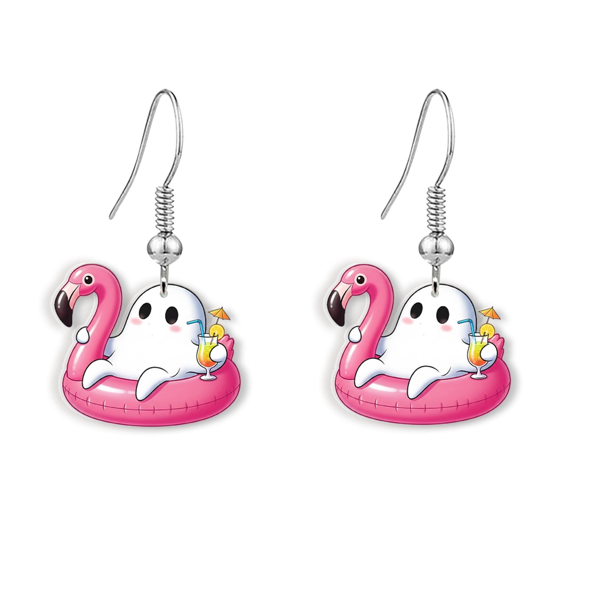 Flamingo Pool Float Ghost Earrings | Summer Spooky Dangle Jewelry | Cute Halloween Vacation Earrings | Funny Gift for Her, Summerween Ghost