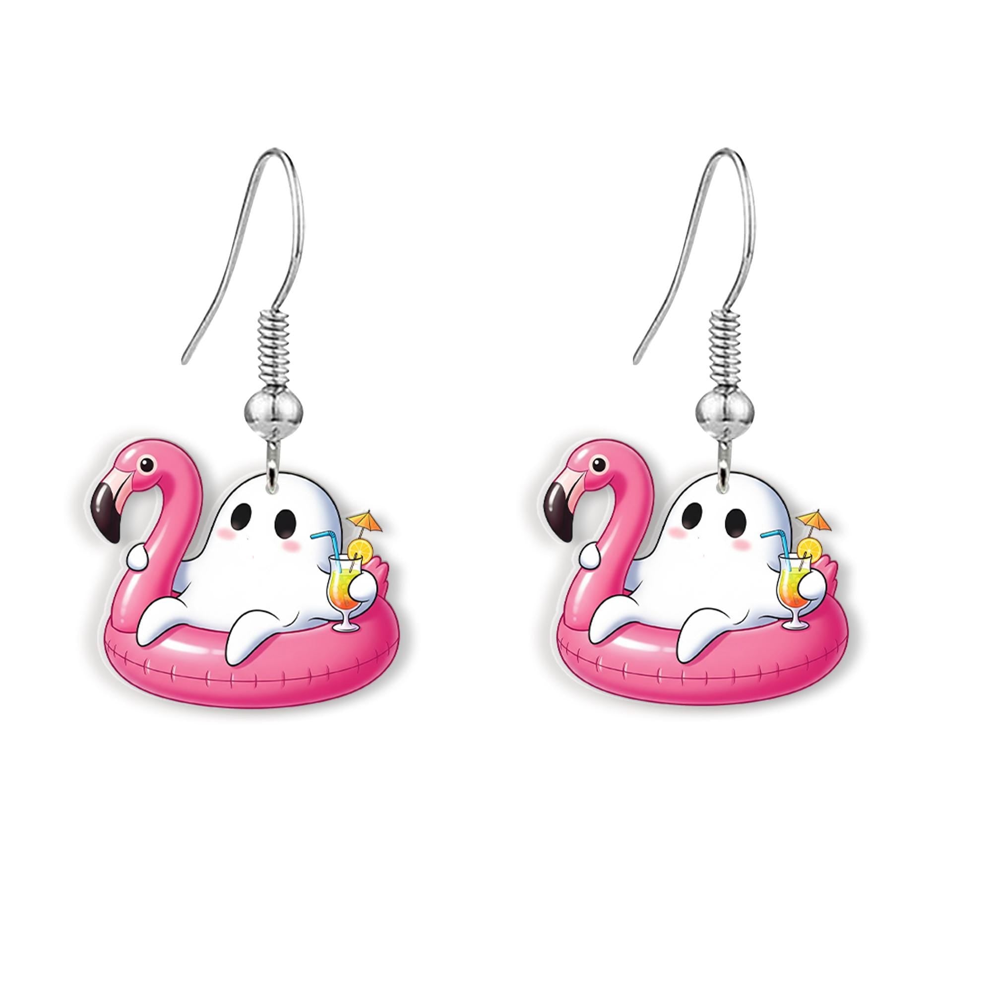 Flamingo Pool Float Ghost Earrings | Summer Spooky Dangle Jewelry | Cute Halloween Vacation Earrings | Funny Gift for Her, Summerween Ghost